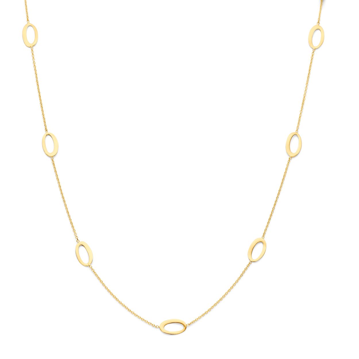 14k Geelgouden collier uitgevoerd met ovale elementen en een karabijn sluiting. Het collier heeft draaglengtes van 41, 43 en 45cm. De schakelbreedte is 1.2mm.