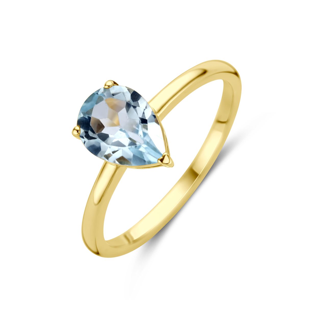 14k Geelgouden ring uitgevoerd met blauw topaas. De ring heeft een afmeting van 8.5x6mm.