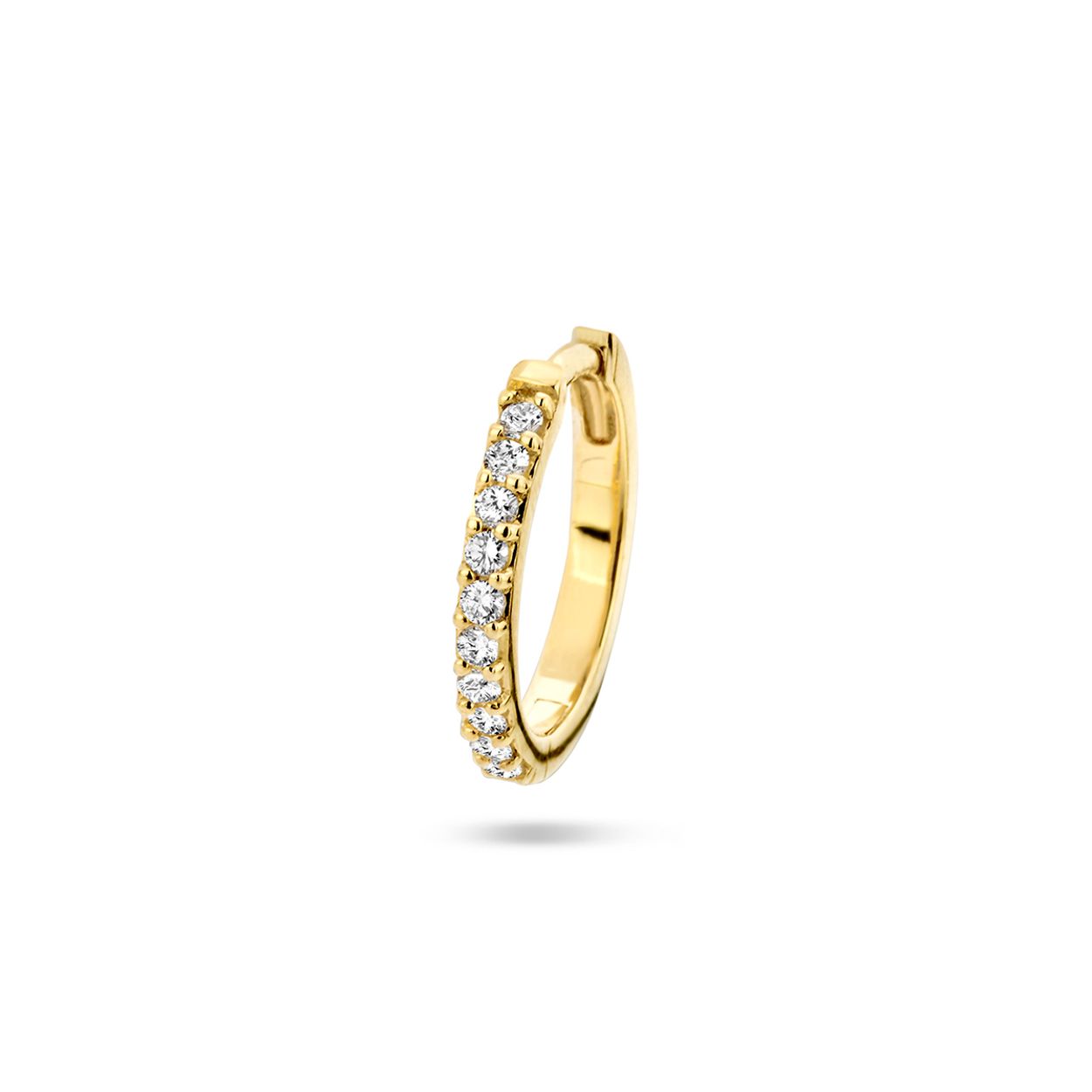 14k Geelgouden klapoorring met diamant. De oorring heeft een diameter van 14.5mm. Deze oorsieraden worden per stuk verkocht ipv per paar.