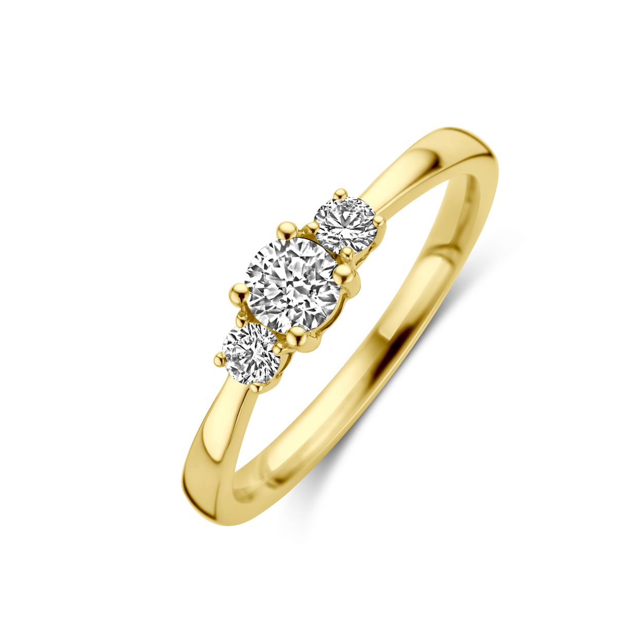 14k Geelgouden ring uitgevoerd met diamanten. De ring heeft een breedte van 4.5mm en het diamantgewicht is 0.46ct.
