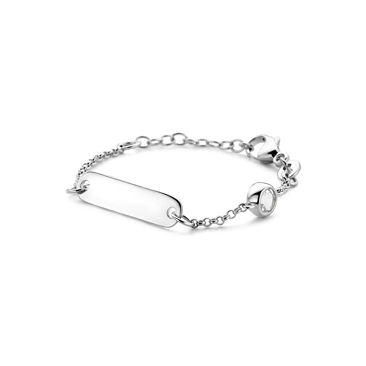 Gerhodineerd 925 zilveren graveerarmband uitgevoerd met een geboortesteen. De armband heeft een draaglengte van 9cm met 2cm extensie. De schakelbreedte is 1.5mm. De graveerplaat heeft een afmeting van 5x20mm en een dikte van 0.6mm.