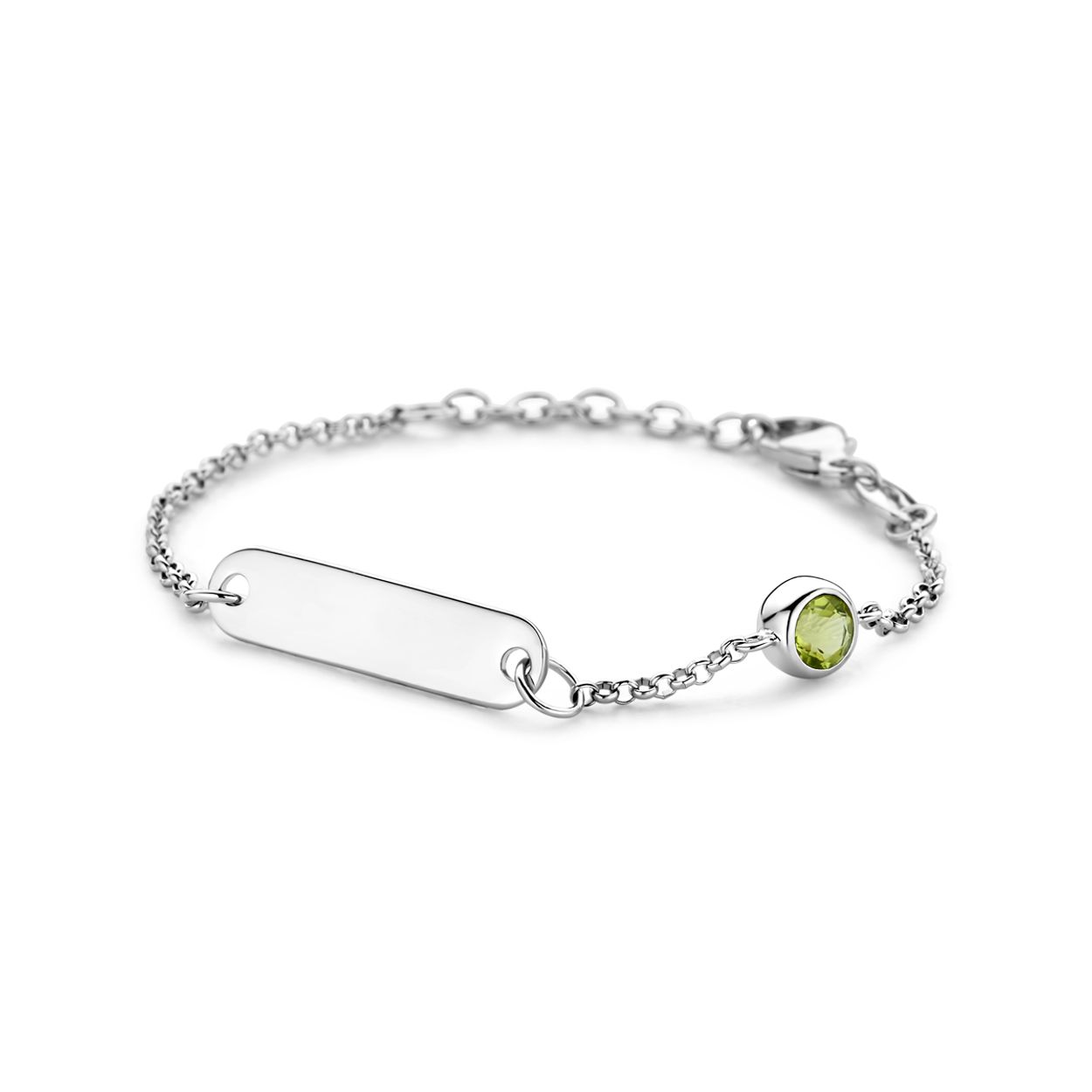 Gerhodineerd 925 zilveren graveerarmband uitgevoerd met een geboortesteen. De armband heeft een draaglengte van 11cm met 2cm extensie. De schakelbreedte is 1.5mm. De graveerplaat heeft een afmeting van 5x20mm en een dikte van 0.6mm.