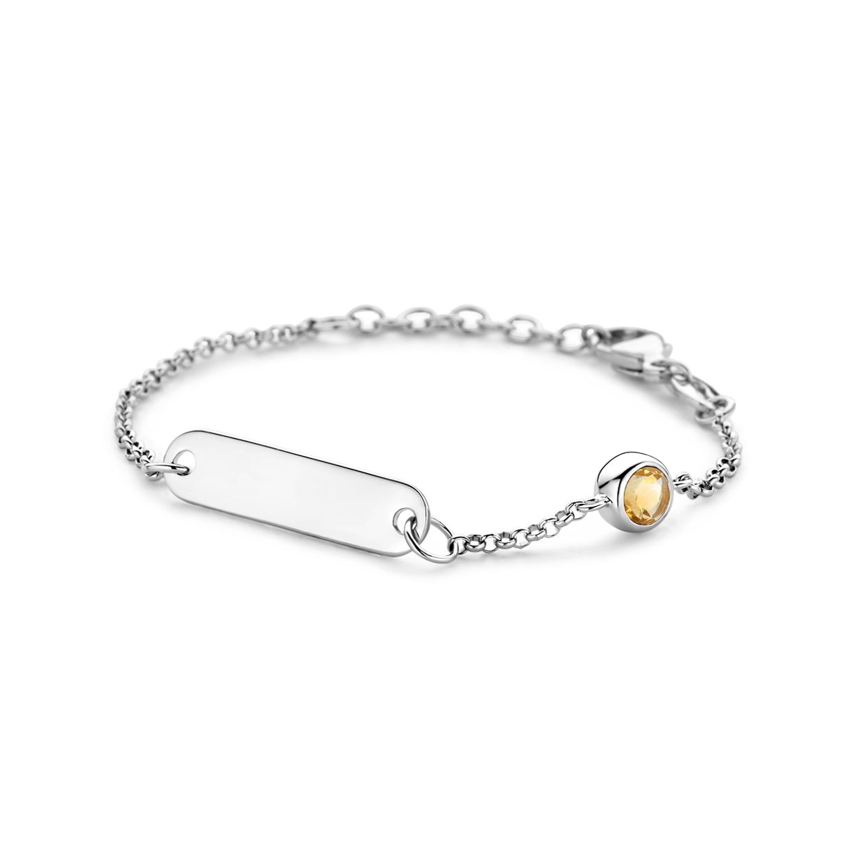 Gerhodineerd 925 zilveren graveerarmband uitgevoerd met een geboortesteen. De armband heeft een draaglengte van 11cm met 2cm extensie. De schakelbreedte is 1.5mm. De graveerplaat heeft een afmeting van 5x20mm en een dikte van 0.6mm.