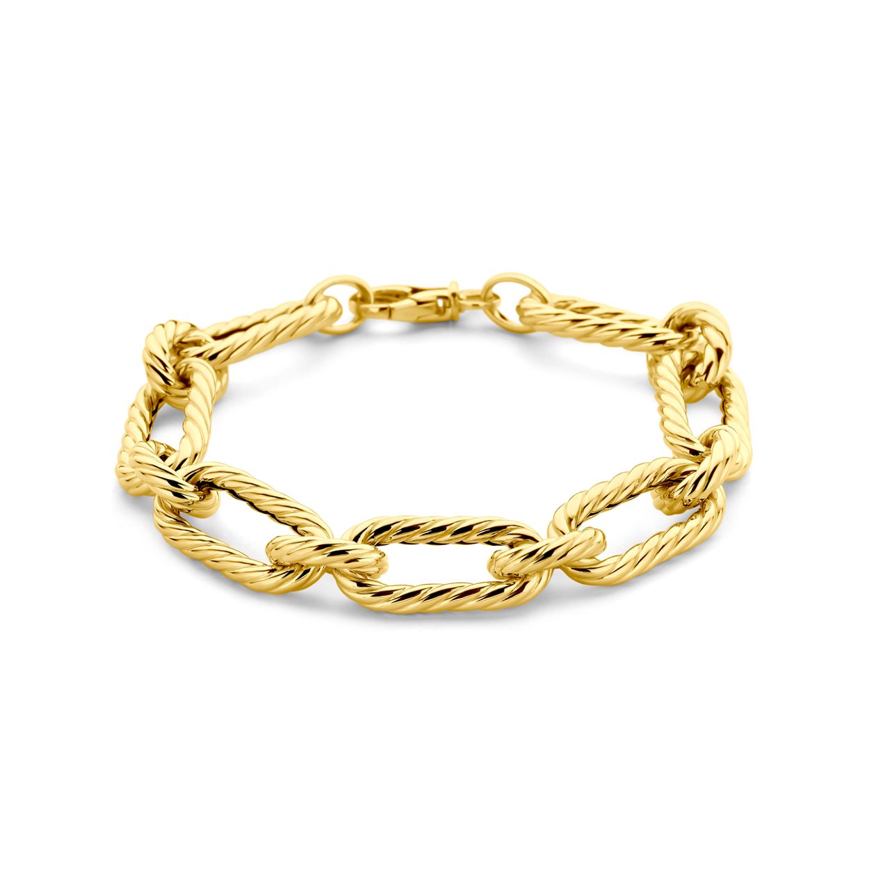 14k Geelgouden armband met een draaglengte van 19cm. De schakelbreedte is 11.5mm en 11.3mm. Uitgevoerd met een karabijn sluiting.