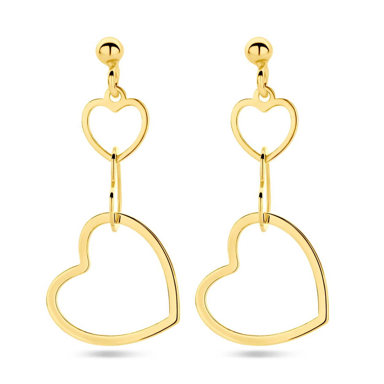 Geelgoud op 925 zilveren oorhangers uitgevoerd met twee hartjes. De oorhangers hebben een totale hoogte van 3cm en een breedte van 14.5mm. Geen garantie op de plating.