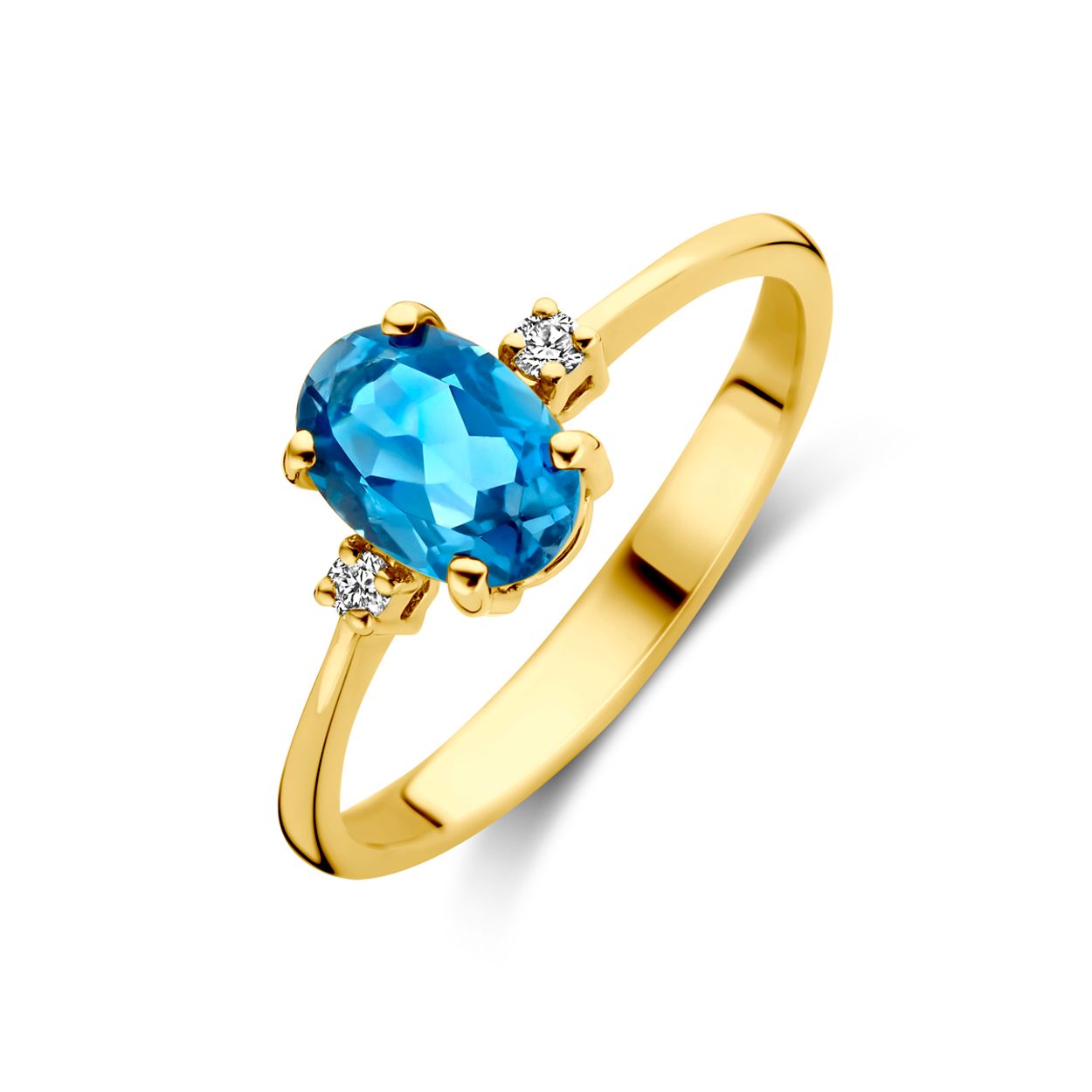 14k Geelgouden ring uitgevoerd met london blue topaas en diamant. De ring heeft een afmeting van 7x5mm. Het diamantgewicht is 0.04ct.