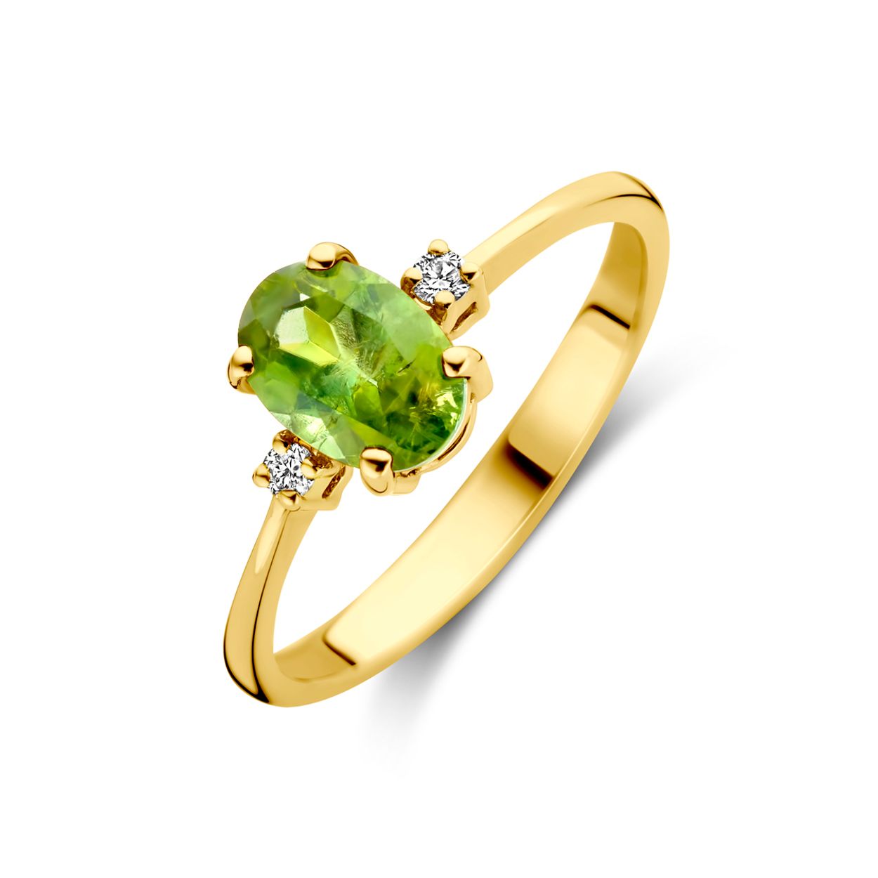 14k Geelgouden ring uitgevoerd met toermalijn en diamant. De ring heeft een afmeting van 7x5mm. Het diamantgewicht is 0.04ct.