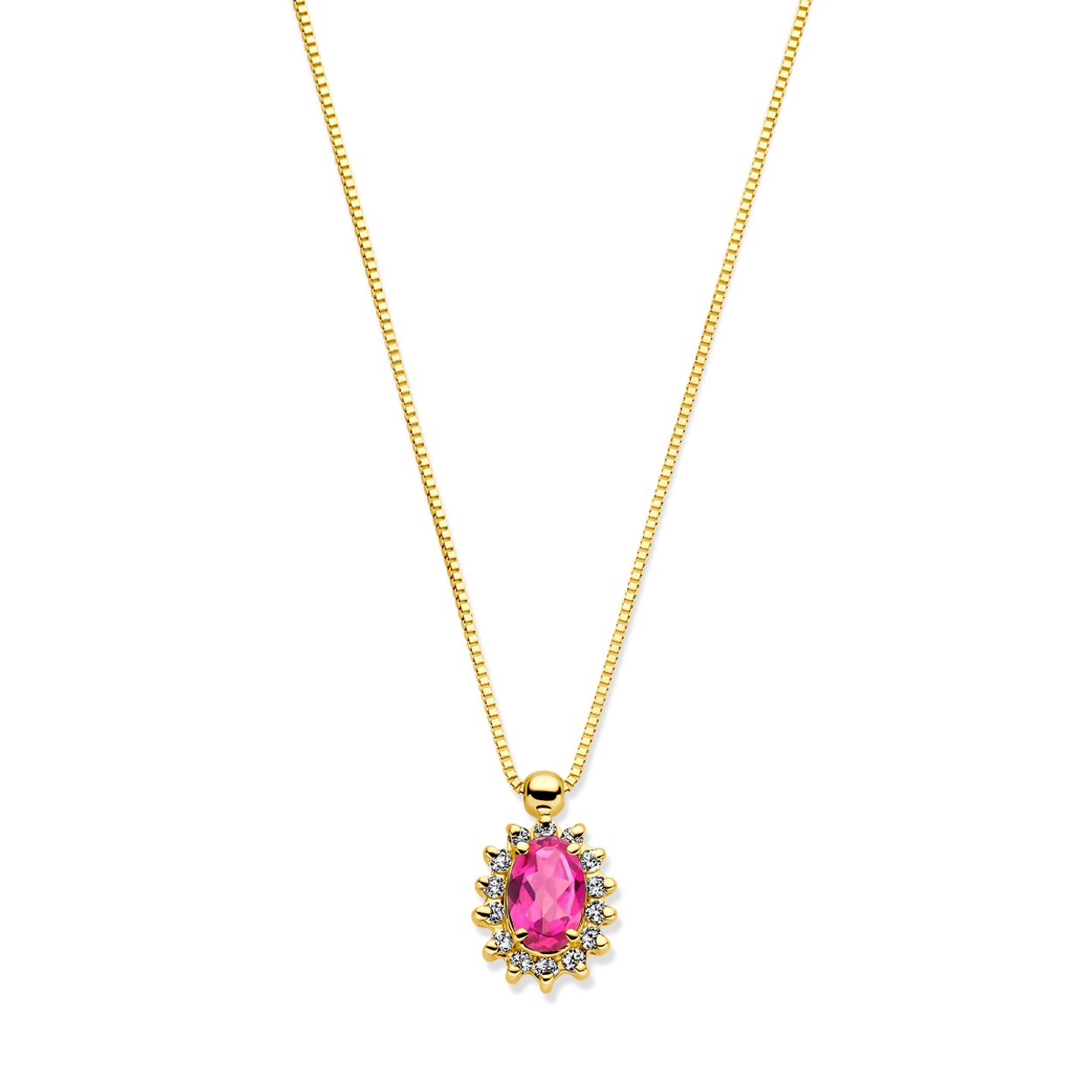 14k Geelgouden collier uitgevoerd met roze topaas en diamant. Het collier heeft draaglengtes van 40-42-44cm en is uitgevoerd met karabijnsluiting. De schakelbreedte is 0.6mm. Het diamantgewicht is 0.11ct.