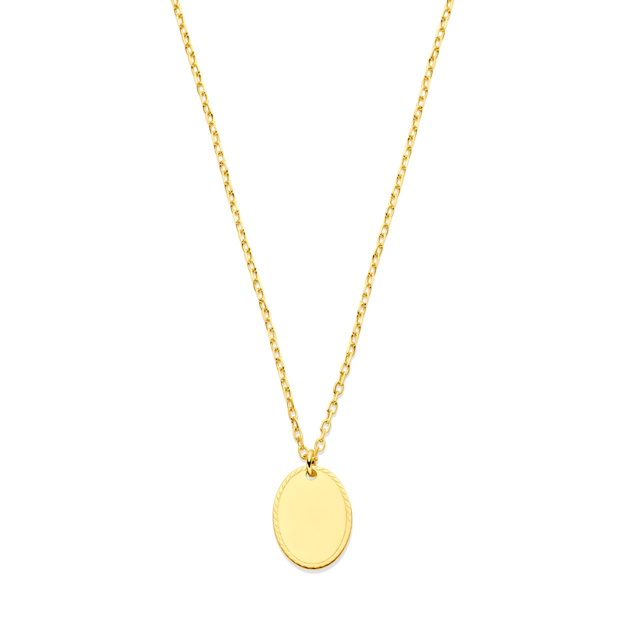 14k Geelgouden collier uitgevoerd met een graveerhanger en een karabijn sluiting. Het collier heeft draaglengtes van 41-43-45cm.
