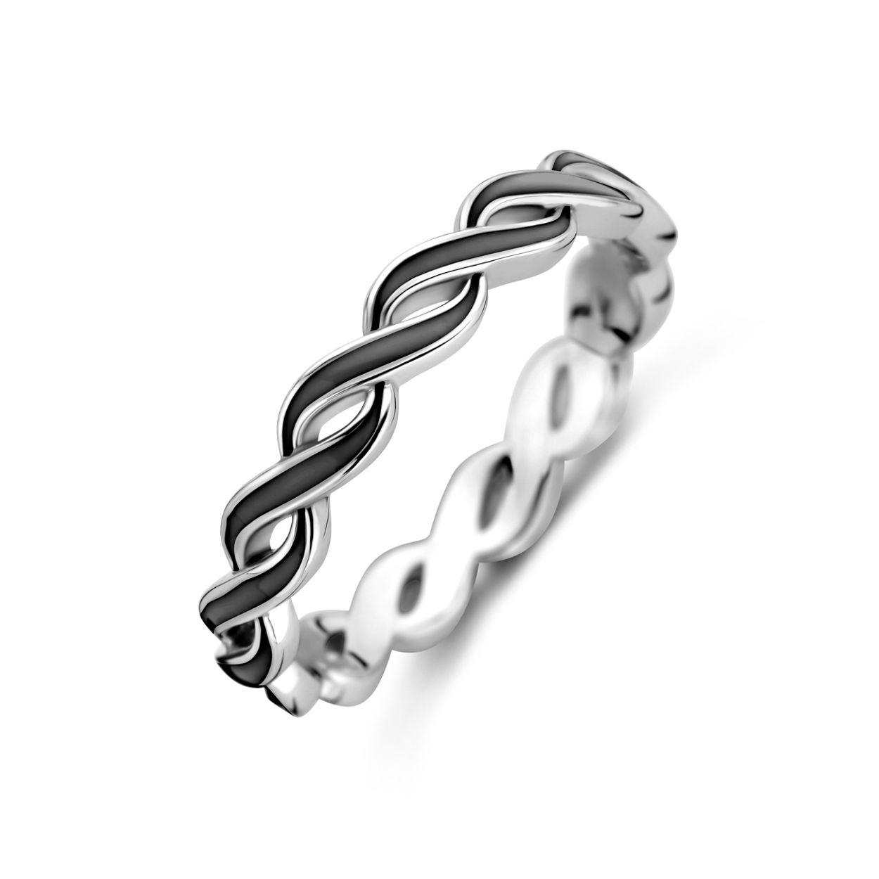 Gerhodineerd 925 zilveren ring uitgevoerd met zwarte emaille. De ring heeft een breedte van 3.5mm.