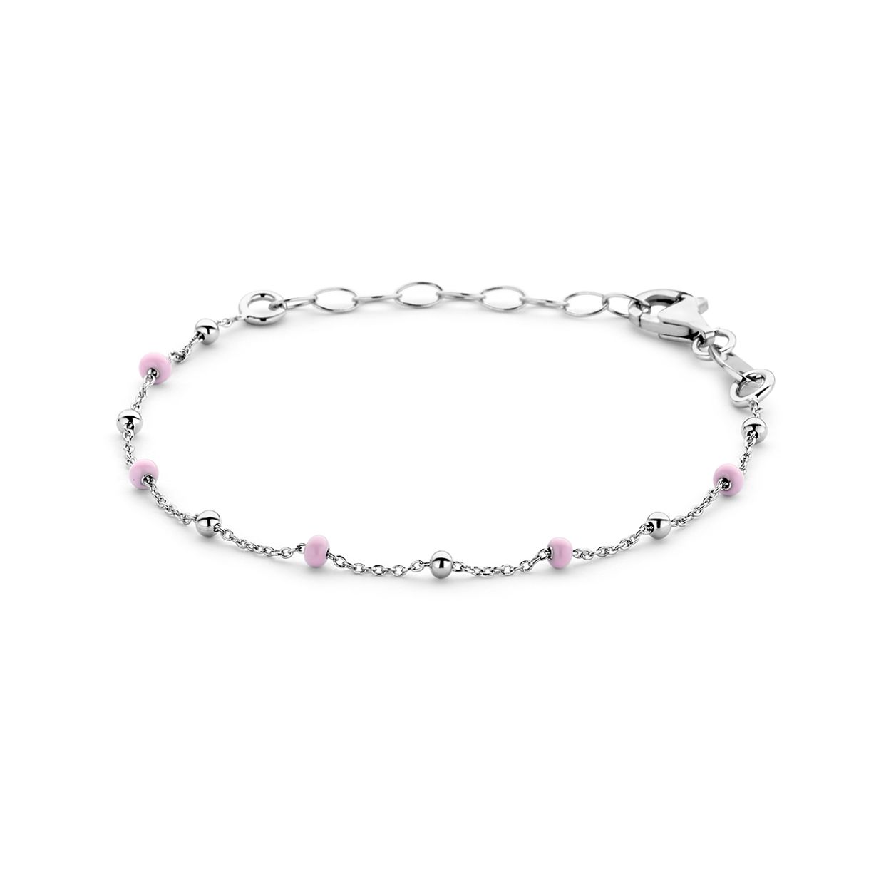 Gerhodineerd 925 zilveren armband uitgevoerd met emaille bolletjes. De armband heeft een draaglengte van 13cm en een extensie van 3cm. Uitgevoerd met karabijnsluiting. De schakelbreedte is 0.9mm.