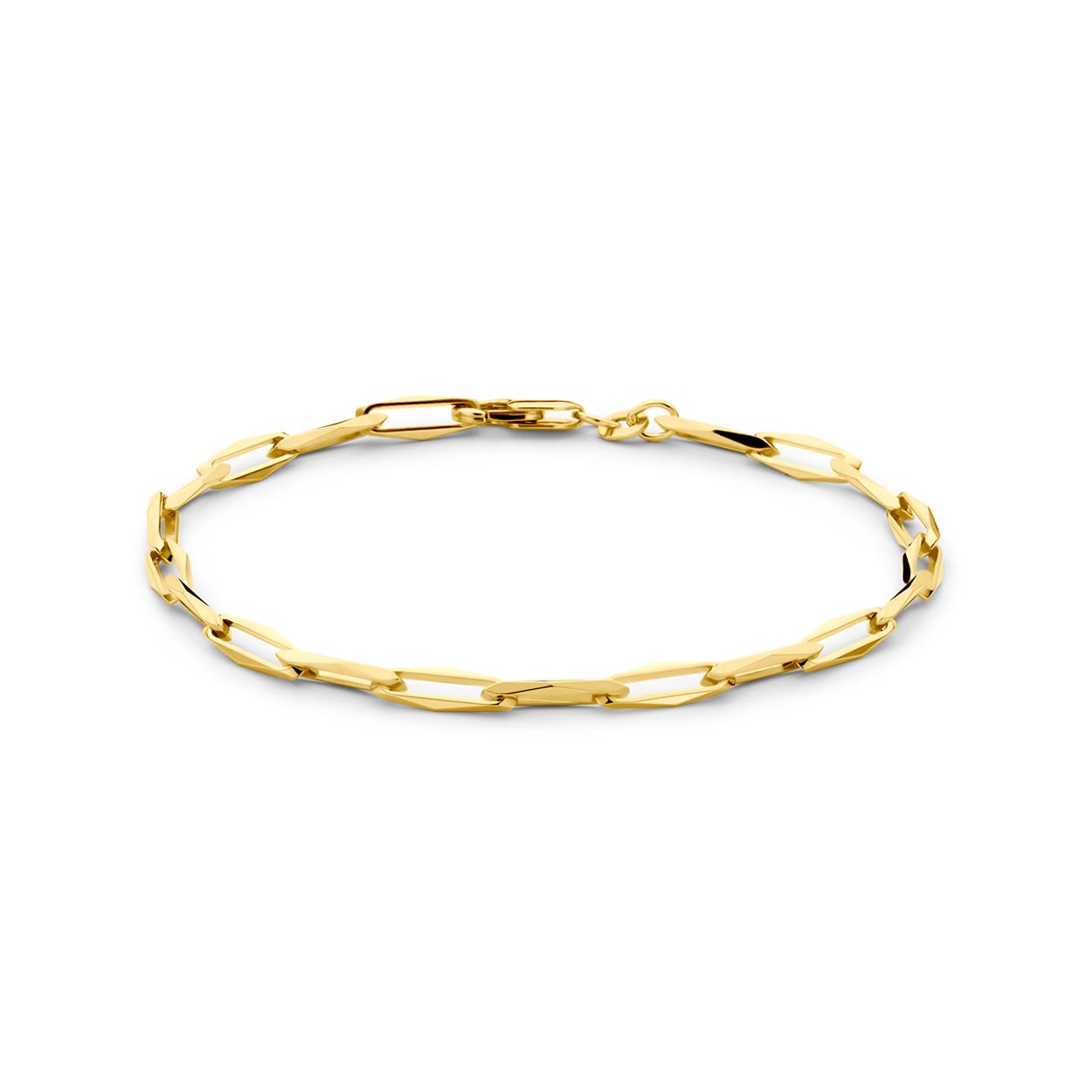 14K Geelgouden c.f.e. armband uitgevoerd met een karabijn sluiting. De schakelbreedte is 4mm.
