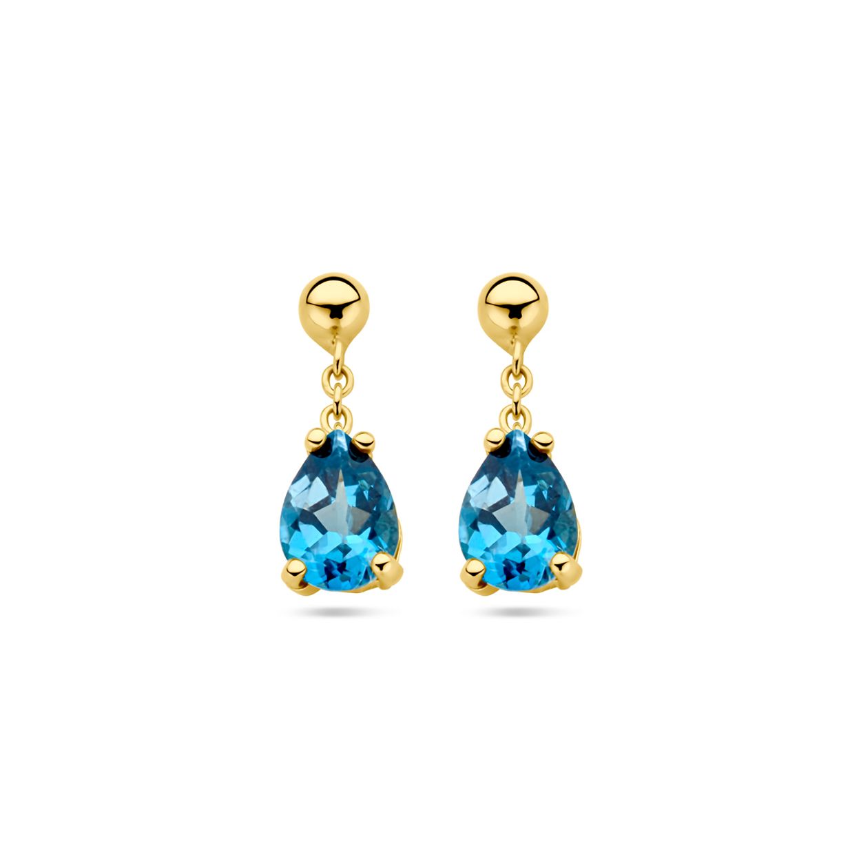 14k Geelgouden oorhangers uitgevoerd met london blue kwarts. De oorhangers hebben een totale hoogte van 15mm.