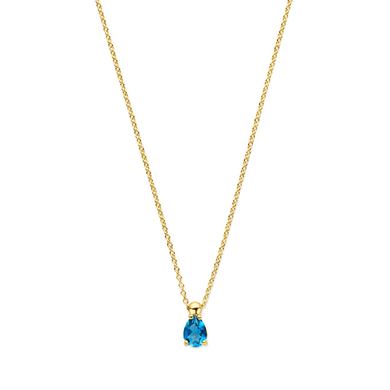 14k Geelgouden collier uitgevoerd met london blue kwarts. Het collier heeft een schakelbreedte van 1.2mm en draaglengtes van 41-43-45cm. Uitgevoerd met karabijnsluiting.