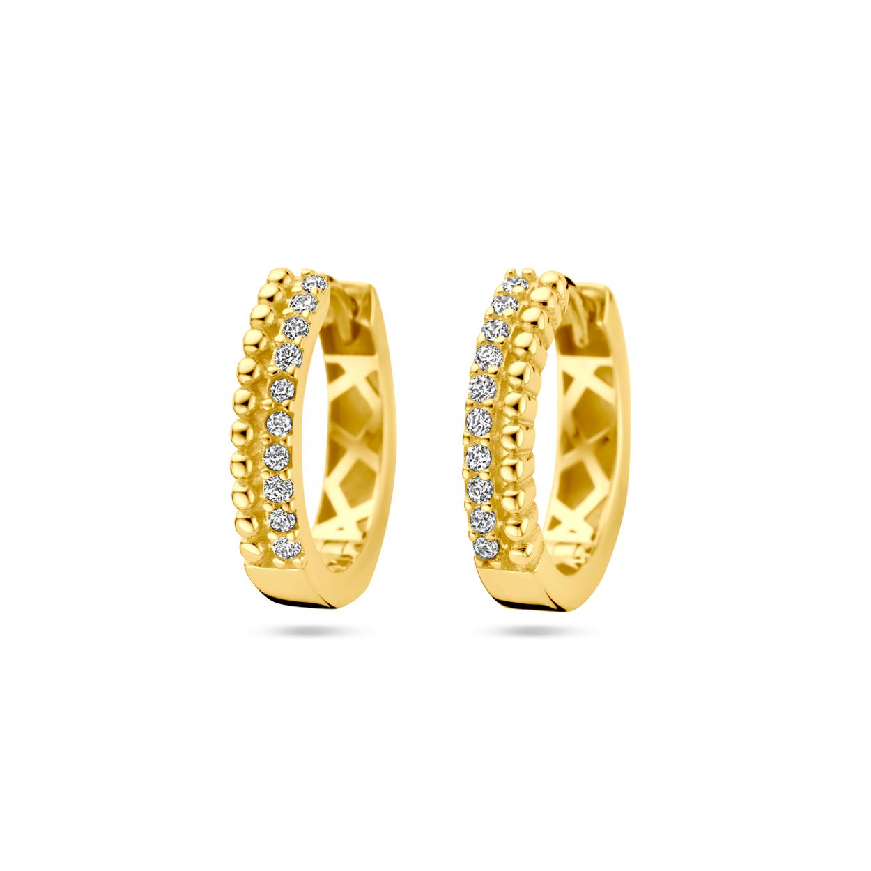 14k Geelgouden klapoorringen uitgevoerd met zirkonia. De klapoorringen hebben een afmeting van 15x3mm.