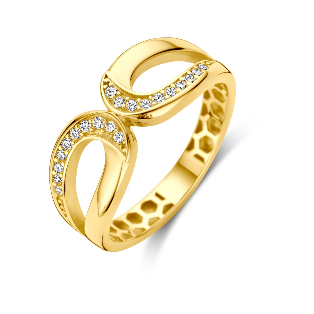 14k Geelgouden ring uitgevoerd met zikonia. De ring heeft een breedte van 7.5mm.