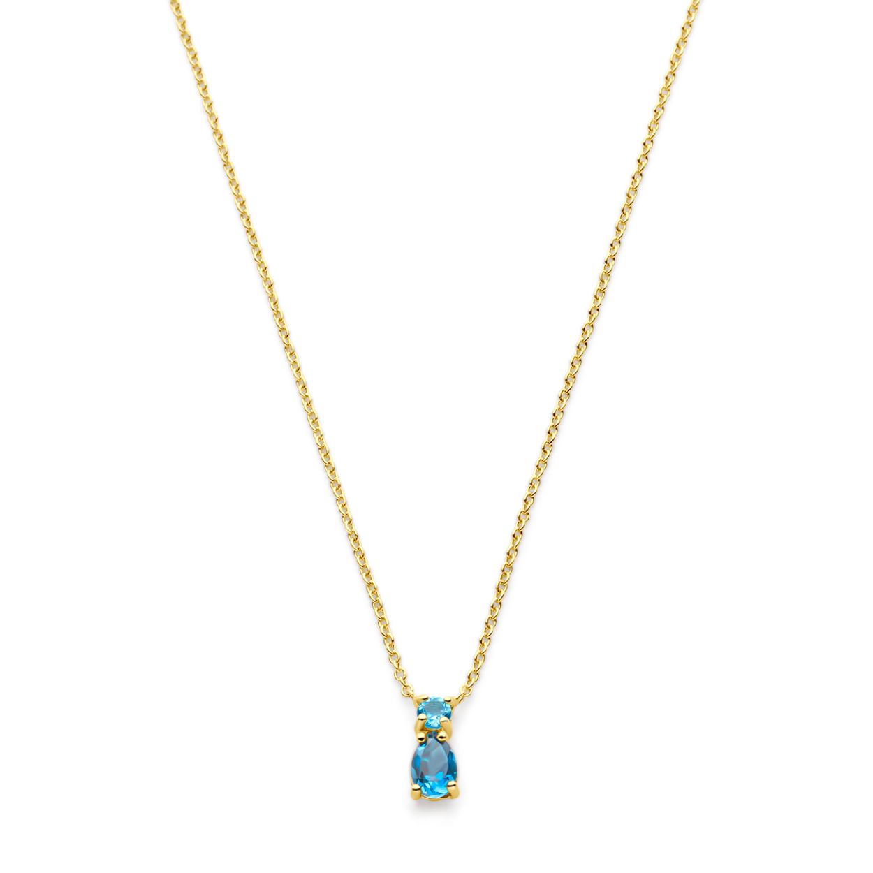 14k Geelgouden collier uitgevoerd met sky blue en London blue topaas stenen. Het collier heeft draaglengtes van 41-43-45cm. De schakelbreedte is 1.2mm.