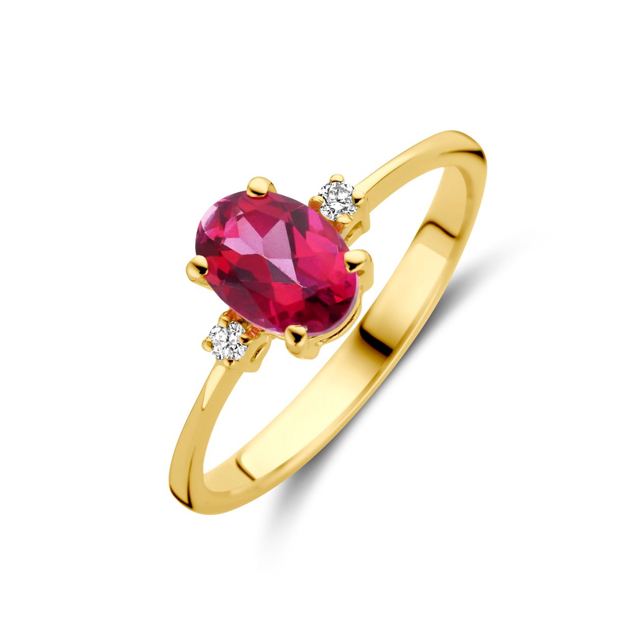 14k Geelgouden ring uitgevoerd met roze topaas en diamant. De ring heeft een afmeting van 7x5mm. Het diamantgewicht is 0.04ct.