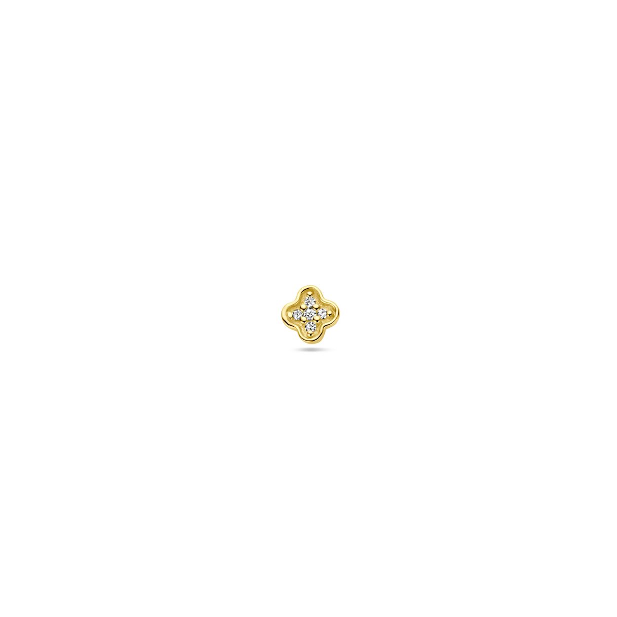 14k Geelgouden oorknop in de vorm van een klavertje uitgevoerd met diamant. Deze oorsieraden worden per stuk verkocht ipv per paar.
