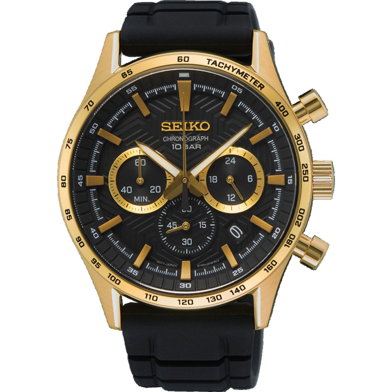 Dit is een herenhorloge van het merk Seiko. Het is een chronograaf horloge gemaakt van staal. De diameter van de kast is 43 mm en de kast is 11.6 mm dik.
De verdere specificaties van het horloge zijn als volgt:
Kastvorm: rond
Kastkleur: goudkleurig
Kastmateriaal: staal
Bandbreedte: 22 mm
Bandlengte: 283 mm
Sluiting: gesp
Wijzerplaatkleur: zwart
Glassoort: saffier glas
Waterdichtheid: 10 ATM
Techniek: quartz