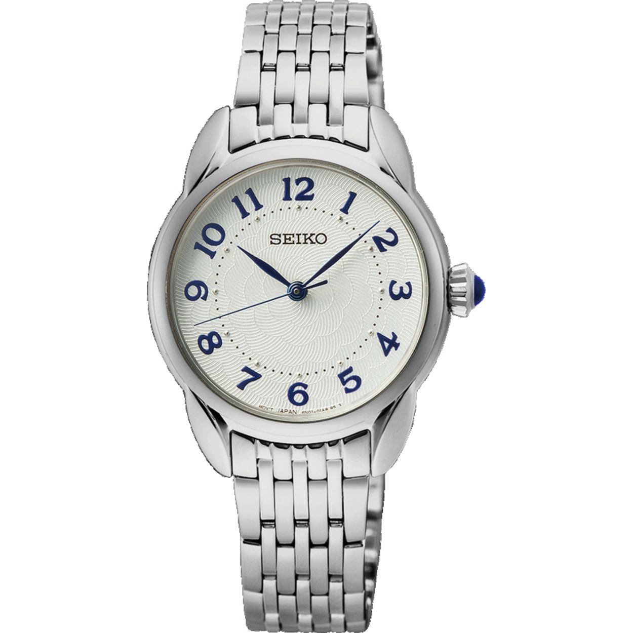 Dit is een dameshorloge van het merk Seiko. Het is een analoog horloge gemaakt van staal. De diameter van de kast is 28.7 mm en de kast is 7.59 mm dik.
De verdere specificaties van het horloge zijn als volgt:
Kastvorm: rond
Kastkleur: zilverkleurig
Kastmateriaal: staal
Bandbreedte: 13 mm
Bandlengte: 218.7 mm
Sluiting: vouwsluiting met drukker
Wijzerplaatkleur: wit
Glassoort: hardlex mineraal glas
Waterdichtheid: 5 ATM
Techniek: quartz