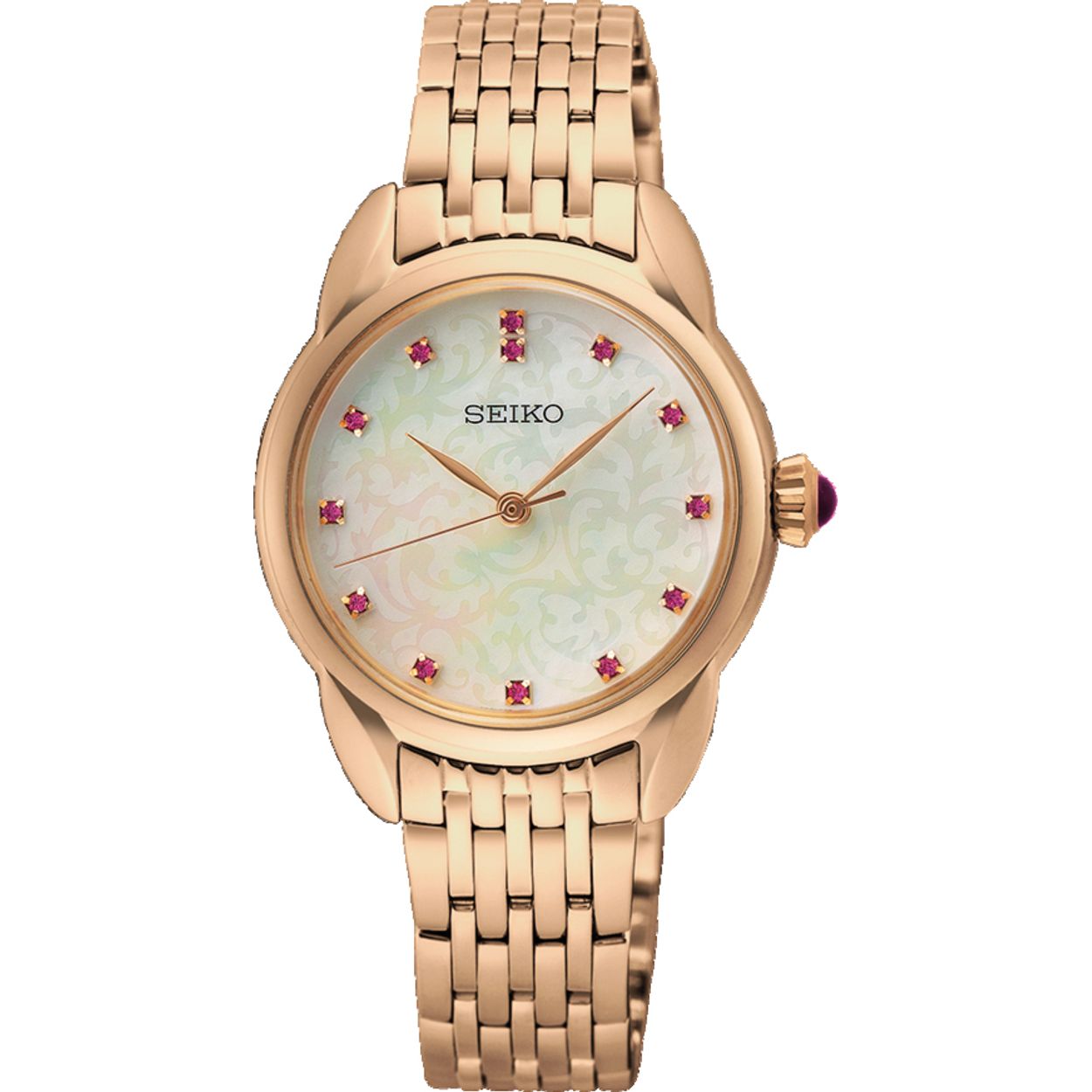 Dit is een dameshorloge van het merk Seiko. Het is een analoog horloge gemaakt van staal. De diameter van de kast is 28.7 mm en de kast is 7.59 mm dik.
De verdere specificaties van het horloge zijn als volgt:
Kastvorm: rond
Kastkleur: rosé
Kastmateriaal: staal
Bandbreedte: 13 mm
Bandlengte: 218.7 mm
Sluiting: vouwsluiting met drukker
Wijzerplaatkleur: wit
Glassoort: hardlex mineraal glas
Waterdichtheid: 5 ATM
Techniek: quartz