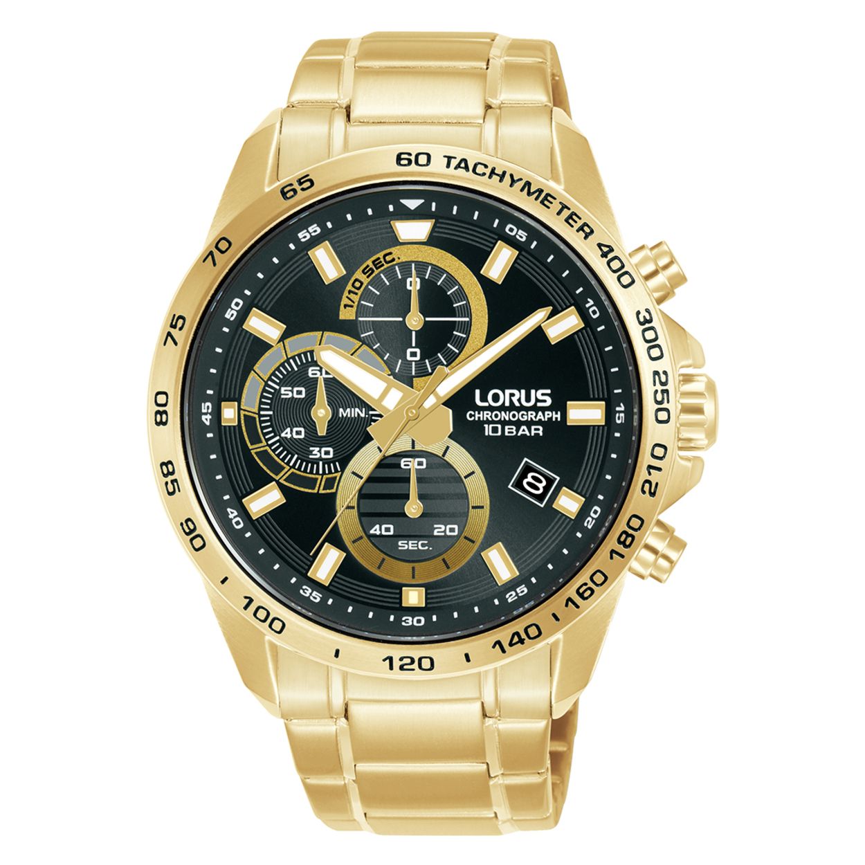 Lorus RM358JX9 Chronograaf Heren Horloge
Dit is een herenhorloge van het merk Lorus. Het is een chronograaf horloge gemaakt van staal. De diameter van de kast is 43 mm.
De verdere specificaties van het horloge zijn als volgt:
Kastvorm: rond
Kastkleur: goudkleurig
Kastmateriaal: staal
Sluiting: vouwsluiting met drukker
Wijzerplaatkleur: zwart
Glassoort: hardlex mineraal glas
Waterdichtheid: 10 ATM
Techniek: quartz