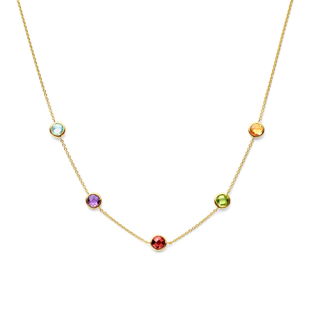 Geelgoud op 925 zilveren collier uitgevoerd met amethist, blauw topaas, granaat, peridot en citrien. Het collier heeft draaglengtes van 42-43.5-45cm. Uitgevoerd met karabijnsluiting. Geen garantie op de plating.