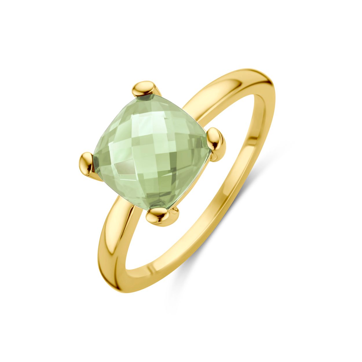 14krt Geelgouden ring uitgevoerd met groen amethist. De breedte van de ring is 8.5mm.