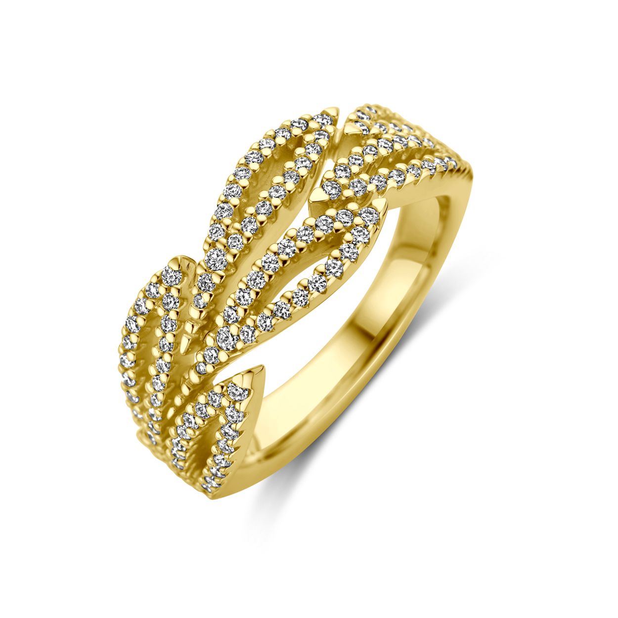 14k Geelgouden ring uitgevoerd met diamant. De ring heeft een breedte van 8.5mm. Het diamantgewicht is 0.55ct.