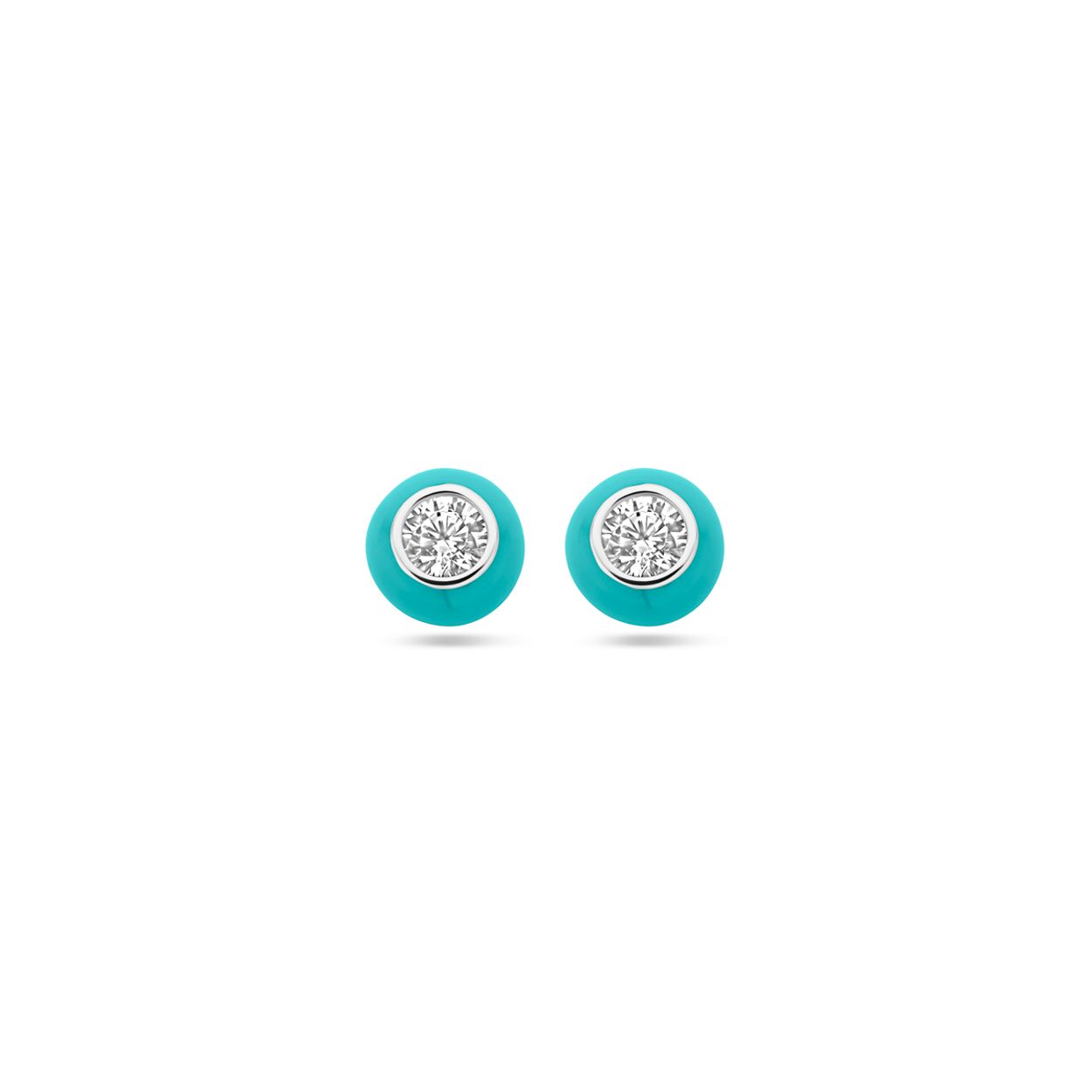 Gerhodineerd 925 zilveren oorknoppen uitgevoerd met turquoise emaille en zirkonia. De oorknoppen hebben een diameter van 5,5mm.