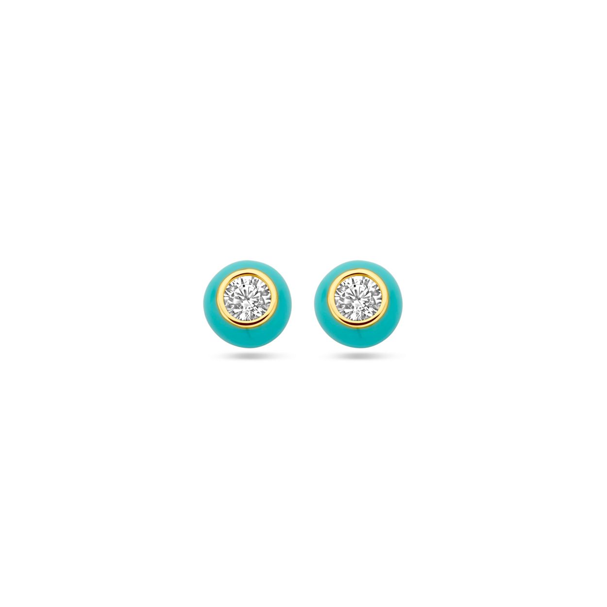 Geelgoud op 925 zilveren oorknoppen uitgevoerd met turquoise emaille en zirkonia. De oorknoppen hebben een diameter van 5,5mm. Geen garantie op plating.