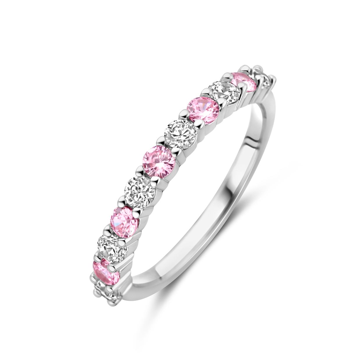 Gerhodineerd 925 zilveren ring uitgevoerd met witte en roze zirkonia. De ring heeft een breedte van 2,5mm.