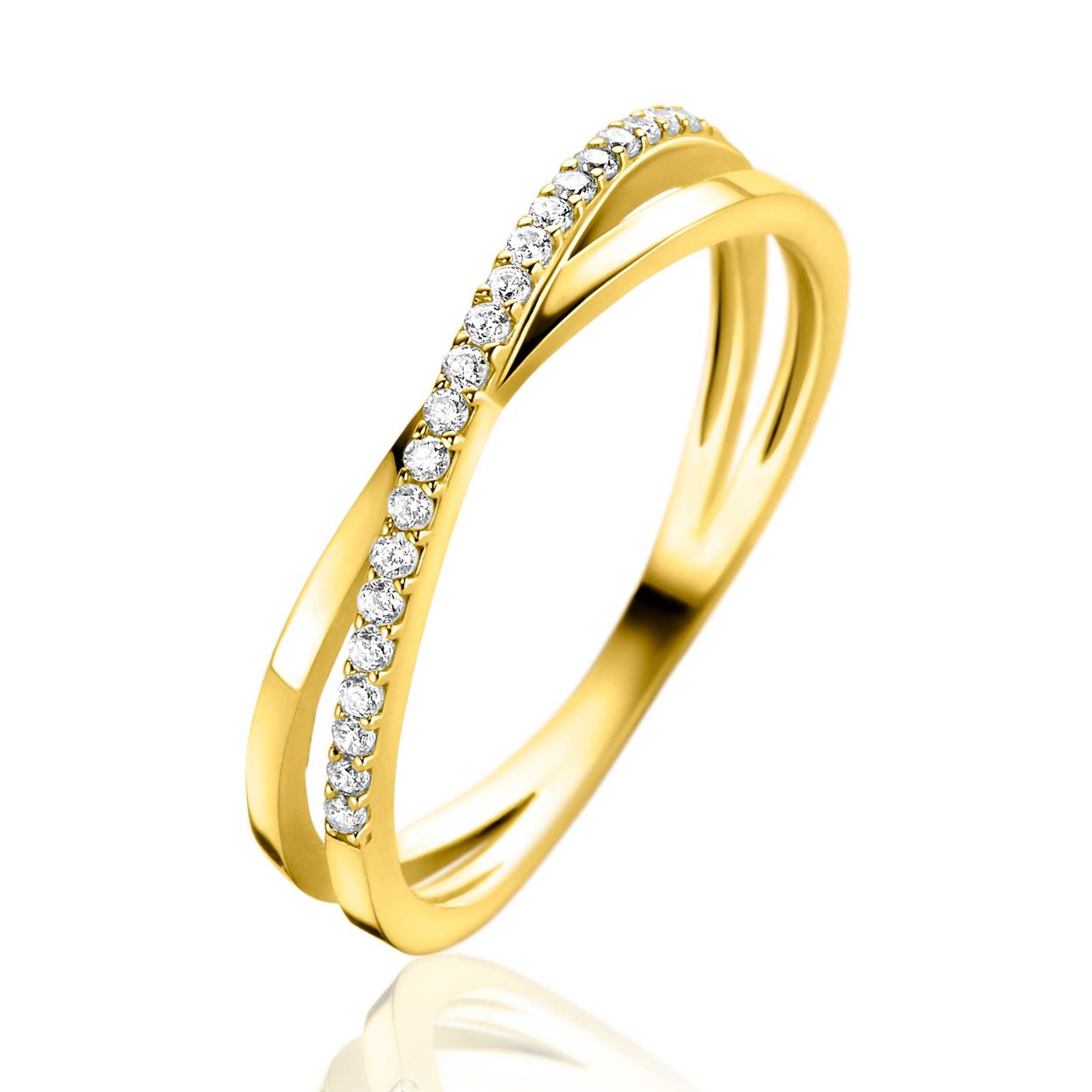 ZINZI Gold 14 krt gouden ring met cross-over design: glad en bezet met witte zirconia's ZGR469