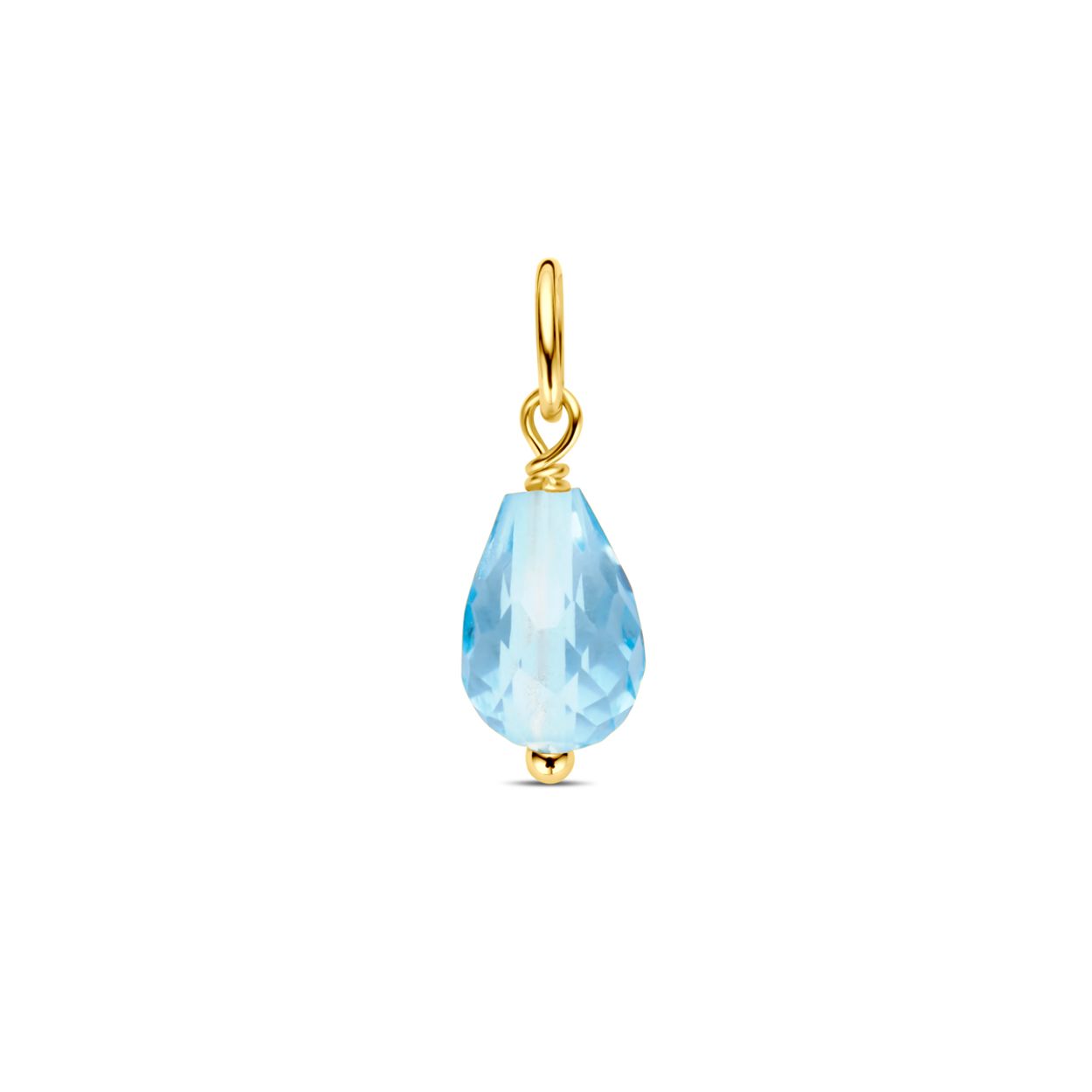 14k Geelgouden hanger uitgevoerd met sky blue topaas. De hanger heeft een totale hoogte van 15mm.
