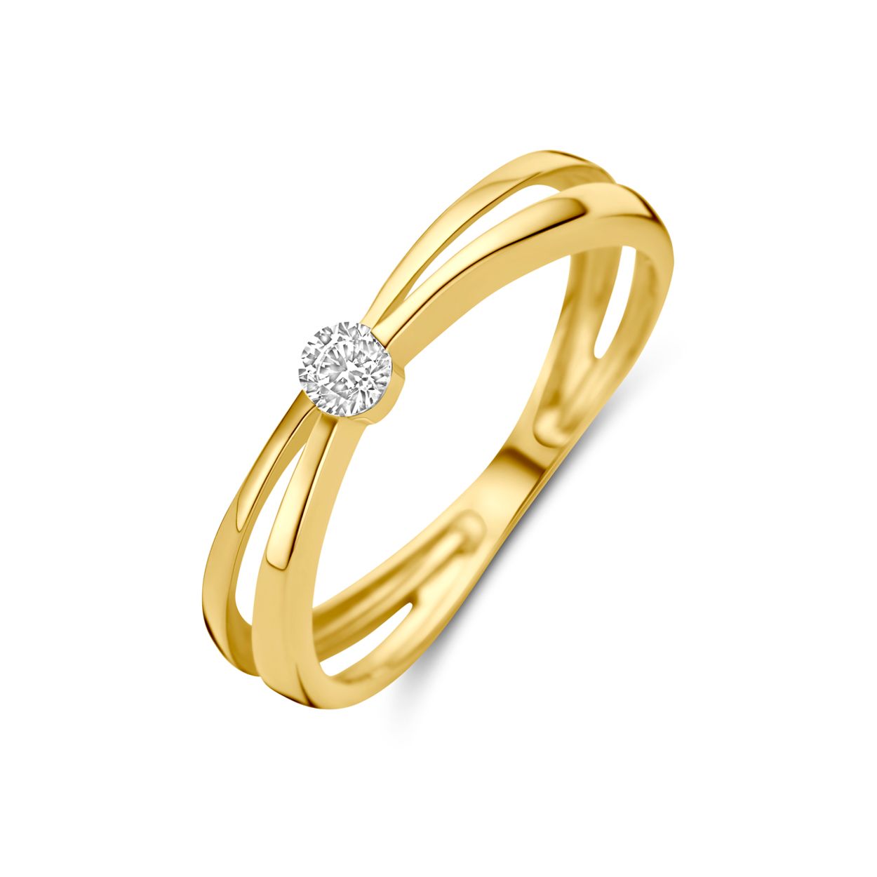 14k Geelgouden ring uitgevoerd met zirkonia. De ring heeft een breedte van 4mm.