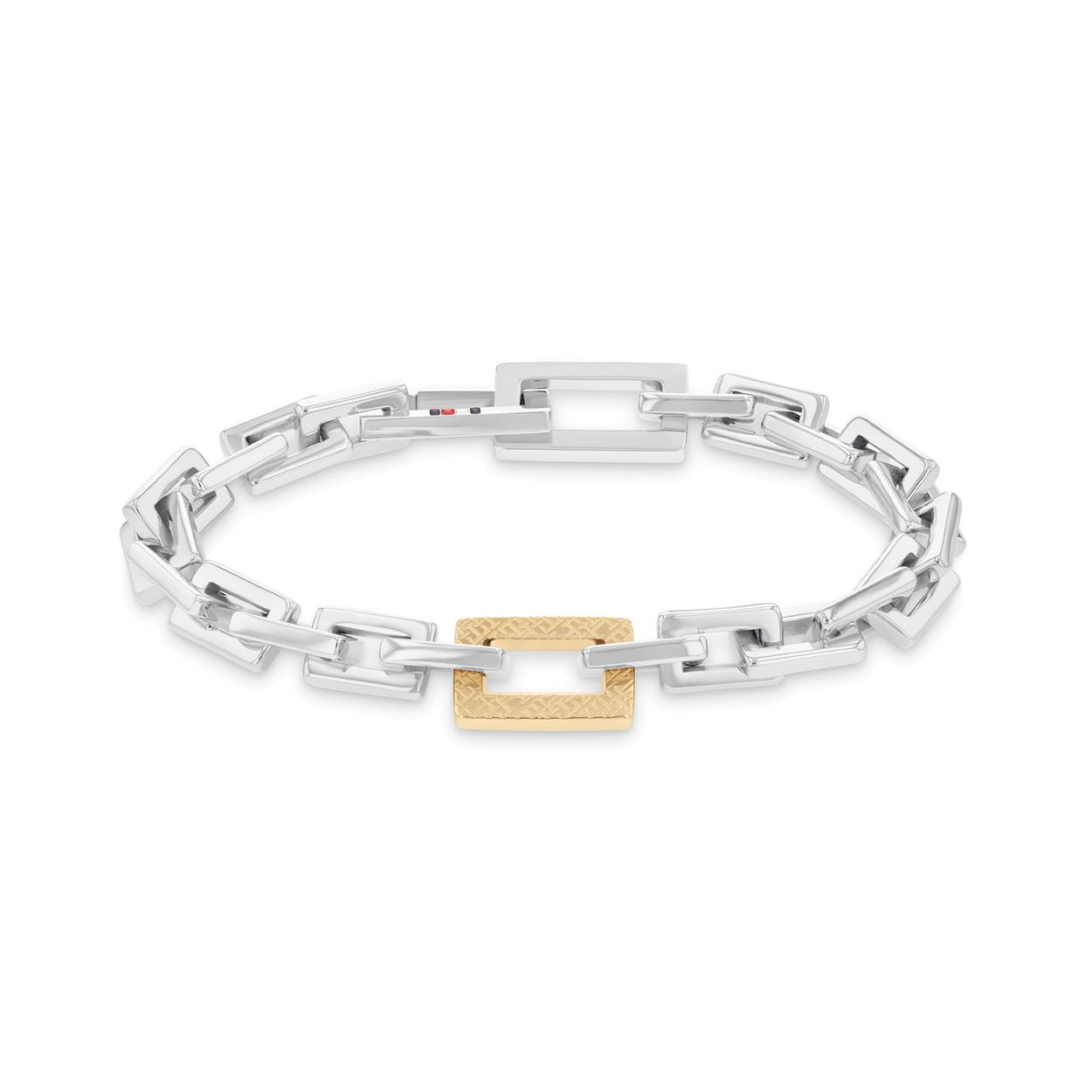 
Deze armband van Tommy Hilfiger uit de jewelry serie met nr: TJ2780868 heeft een stoere uitstraling. De  stalen strakke dames armband heeft vierkante open schakels in elkaar gedraaid met af en toe een goudkleurige rechthoekige schakel ertussen. De sluiting is tevens rechthoekig en valt daardoor niet op.


