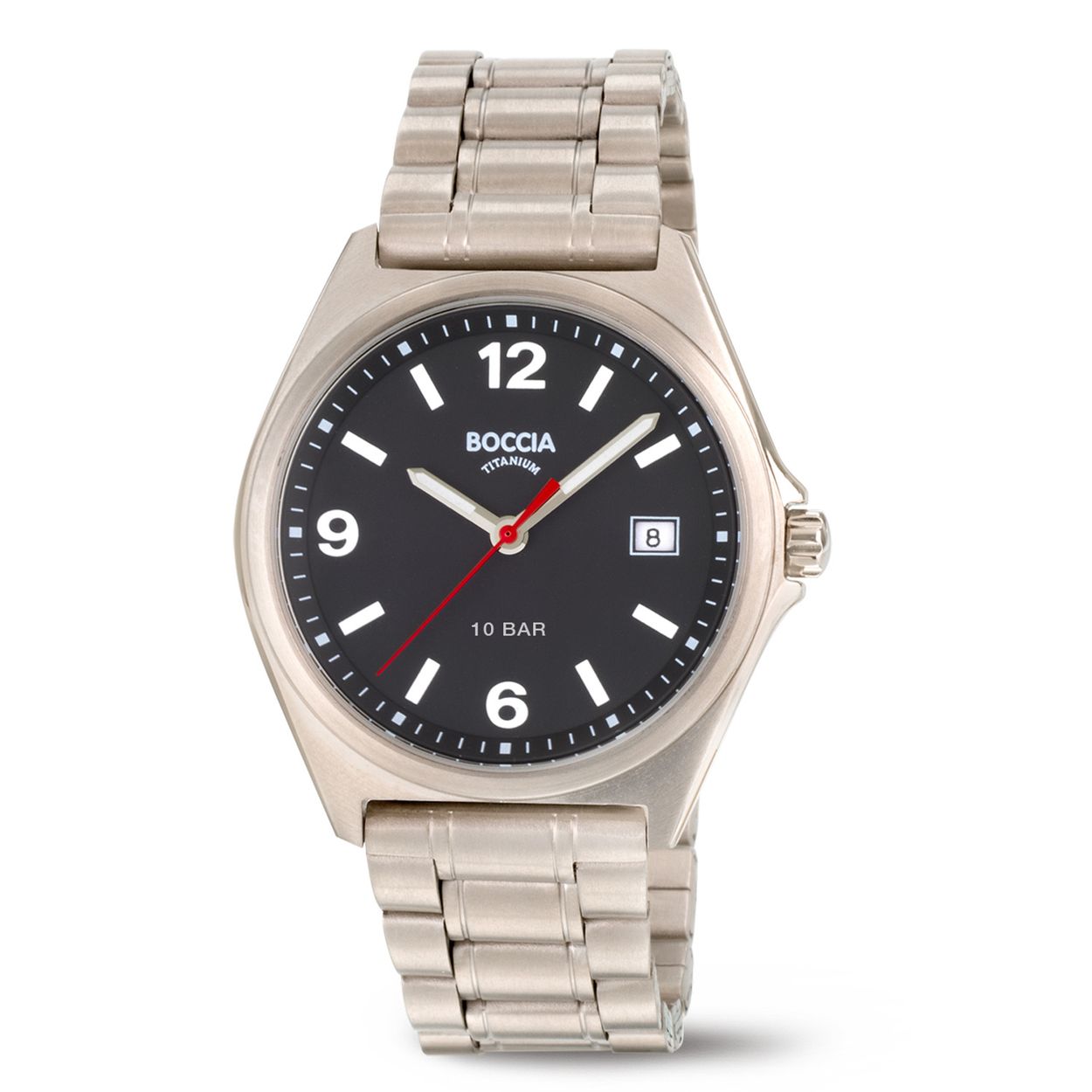 Boccia Titanium 3663-01 Heren 
Dit herenhorloge van Boccia heeft een klassieke uitstraling en een sportief uiterlijk. De 3663-01 heeft een ronde titanium horlogekast met een diameter van 39mm met een zwarte wijzerplaat met een datum en eem rode secondewijzer. Aan de titanium kast zit een mat glanzende titanium schakelband met vouwsluiting. Het horloge heeft een mineraalglas en is 10ATM. Of je nu sportief of chique gekleed gaat, dit horloge past bij elke outfit en iedere gelegenheid!

HET MERK
Boccia Titanium is het titanium merk van Nederland, dat zijn oorsprong in Duitsland vindt en is opgericht in het jaar 1992. Ontwikkeld door internationale ontwerpers. Alle titanium componenten van de BOCCIA TITANIUM collectie zijn gemaakt van 99,7% puur titanium; het bijzondere materiaal. Het is licht in gewicht, neemt de temperatuur van de huid aan en is zeer huidvriendelijk. Bovendien is het corrosie- en temperatuurbestendig.

SPECIFICATIES
- Mineraalglas
- Ronde titanium horlogekast, Ø 39mm
- Titanium horlogeband
- Zwarte wijzerplaat 
- Datum
- 10ATM