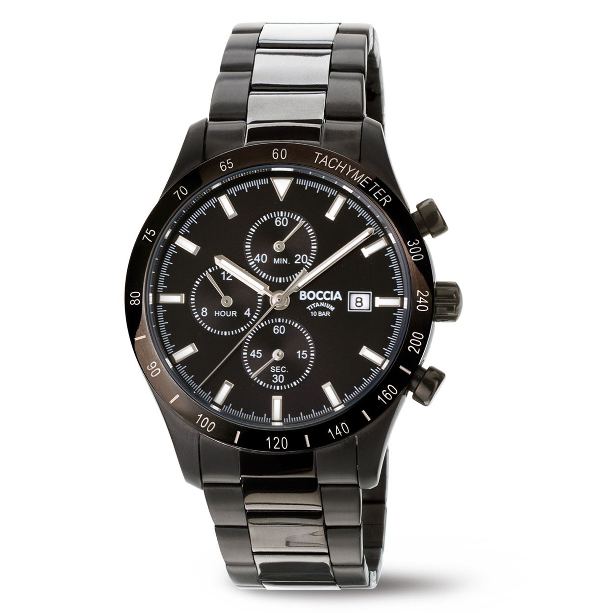 Boccia Titanium 3739-02 Heren 
Dit herenhorloge van Boccia heeft een klassieke uitstraling en een sportief uiterlijk. De 3739-02 heeft een zwarte ronde titanium horlogekast met een diameter van 40mm, een bezel met tachymeter en een zwarte wijzerplaat met een chronograaf en een datum. Aan de titanium kast zit een zwarte mat glanzende titanium schakelband met vouwsluiting. Het horloge heeft een mineraalglas en is 10ATM. Of je nu sportief of chique gekleed gaat, dit horloge past bij elke outfit en iedere gelegenheid!

HET MERK
Boccia Titanium is het titanium merk van Nederland, dat zijn oorsprong in Duitsland vindt en is opgericht in het jaar 1992. Ontwikkeld door internationale ontwerpers. Alle titanium componenten van de BOCCIA TITANIUM collectie zijn gemaakt van 99,7% puur titanium; het bijzondere materiaal. Het is licht in gewicht, neemt de temperatuur van de huid aan en is zeer huidvriendelijk. Bovendien is het corrosie- en temperatuurbestendig.

SPECIFICATIES
- Mineraalglas
- Ronde titanium horlogekast, Ø 40mm
- Titanium horlogeband
- Zwarte wijzerplaat 
- Datum en chrono
- 10ATM