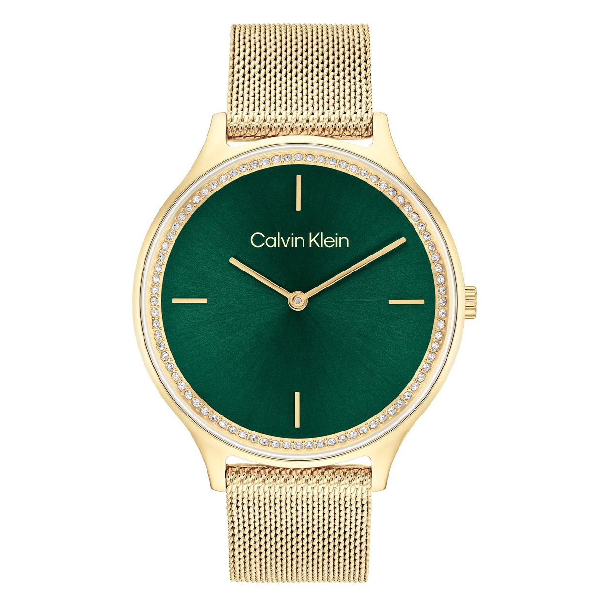 Calvin Klein CK25100005 Dames Staal Horloge 38mm 
Dit Calvin Klein dameshorloge met nr CK25100005 is een minimalistisch ontwerp. De stijlvolle ronde stalen goudkleurige kast heeft een gladde bezel met een groene wijzerplaat met goudkleurige wijzers en streepjes als uursaanduiding en een rand vol kristallen. Aan het horloge zit een fijne goudkleurige milanese band met klapsluiting. Het horloge heeft een mineraalglas, een doorsnee van 38mm en is 3ATM.

OVER CALVIN KLEIN
Calvin Klein is een wereldwijd lifestylemerk dat gewaagde, vooruitstrevende idealen en een verleidelijke, vaak minimalistische, esthetiek nastreeft. Calvin Klein werd groot in de jaren 70 door haar mode- en merkjeans collecties. In de jaren 80 lanceerde Calvin Klein haar spraakmakende ondergoed dat uitdrukkelijk van logo ’s voorzien was. Vanwege het grote succes is het merk ook succesvol uitgerold in Accessoires, Parfums, Home, Brillen, Golf, Horloges en Sieraden.
Sinds de oprichting in 1968 door Calvin Klein, heeft het merk haar reputatie opgebouwd als leider in de Amerikaanse mode, dankzij een cleane esthetiek en innovatieve ontwerpen. Calvin Klein wil haar publiek verleiden en inspireren door middel van provocerende beelden en opvallende ontwerpen die prikkelen. 

SPECIFICATIES:
- Mineraalglas 
- Goudkleurige kast
- Groene wijzerplaat 
- Milanese band
- Ronde kastvorm, Ø 38mm
- 3ATM