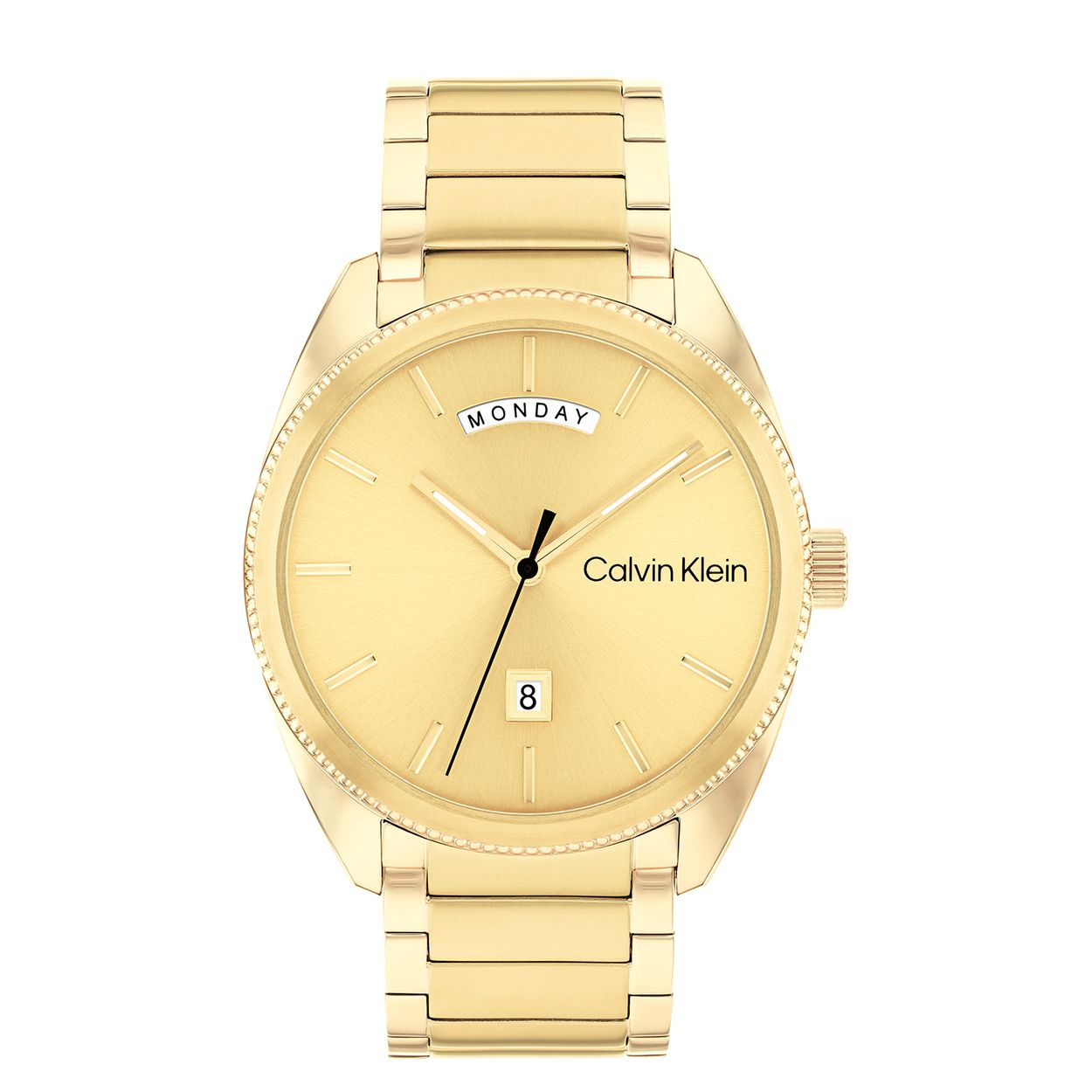 Calvin Klein CK25200447 Heren Staal Horloge 42mm 
Dit Calvin Klein herenhorloge met nr CK25200447 is een chique ontwerp. De stijlvolle ronde goudkleurige stalen kast heeft een bewerkte bezel met een goudkleurige wijzerplaat met dag en datumsaanduiding. Aan het horloge zit een stalen goudkleurige schakelband met vouwluiting. Het horloge heeft een mineraalglas, een doorsnee van 42mm en is 3ATM.

OVER CALVIN KLEIN
Calvin Klein is een wereldwijd lifestylemerk dat gewaagde, vooruitstrevende idealen en een verleidelijke, vaak minimalistische, esthetiek nastreeft. Calvin Klein werd groot in de jaren 70 door haar mode- en merkjeans collecties. In de jaren 80 lanceerde Calvin Klein haar spraakmakende ondergoed dat uitdrukkelijk van logo ’s voorzien was. Vanwege het grote succes is het merk ook succesvol uitgerold in Accessoires, Parfums, Home, Brillen, Golf, Horloges en Sieraden.
Sinds de oprichting in 1968 door Calvin Klein, heeft het merk haar reputatie opgebouwd als leider in de Amerikaanse mode, dankzij een cleane esthetiek en innovatieve ontwerpen. Calvin Klein wil haar publiek verleiden en inspireren door middel van provocerende beelden en opvallende ontwerpen die prikkelen. 

SPECIFICATIES:
- Mineraalglas
- Stalen goudkleurige kast
- Goudkleurige wijzerplaat 
- Stalen schakelband
- Ronde kastvorm, Ø 42mm
- 3ATM
