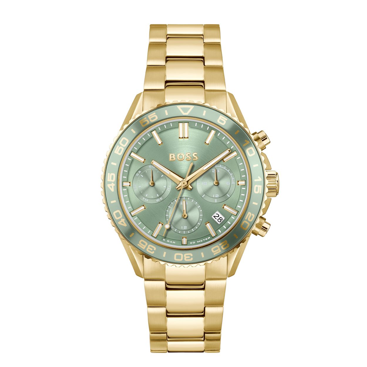 BOSS HB1502755 RUNNER FOR HER Dameshorloge 38mm 
Dit BOSS horloge uit de RUNNER FOR HER serie met artikelnr: HB1502755 heeft een nette sportieve uitstraling. Zeer geschikt voor de moderne stijlvolle vrouw van nu. Het stalen multifunctionele dameshorloge valt op door zijn goudkleurige stalen horlogekast met een groene bewerkte bezel en een groene sunray wijzerplaat. Opvallend is de lumibrite op de wijzers en streepjes. Aan de kast zit een goudkleurige schakelband met vouwsluiting. De kast van het horloge heeft een doorsnee van 38mm met mineraalglas en is 5ATM. 

HET MERK:
HUGO BOSS is afgestemd op levensstijlen waar het gaat om kwaliteit en precisie. Het wereldwijde fashionlabel is verdeeld in twee merken: BOSS en HUGO. Het merk BOSS biedt geavanceerde, moderne horloges gericht op kwaliteit en design om een onberispelijke look te creëren – of het nu zakelijk, casual of sportief is. De horloge collectie van BOSS is perfect afgestemd op levensstijlen waar het gaat om kwaliteit en precisie. BOSS is op maat gemaakt in een onberispelijke stijl.

Blijf stijlvol bij de tijd. Voor de BOSS-vrouw is stijl het handelsmerk en draait alles om
details. Breng uw look naar een hoger niveau met onze nieuwe en kenmerkende horlogecollectie.

SPECIFICATIES:
- Mineraalglas
- Ronde kastvorm, Ø 38mm
- Goudkleurige horlogekast
- Groene wijzerplaat
- Goudkleurige schakelband