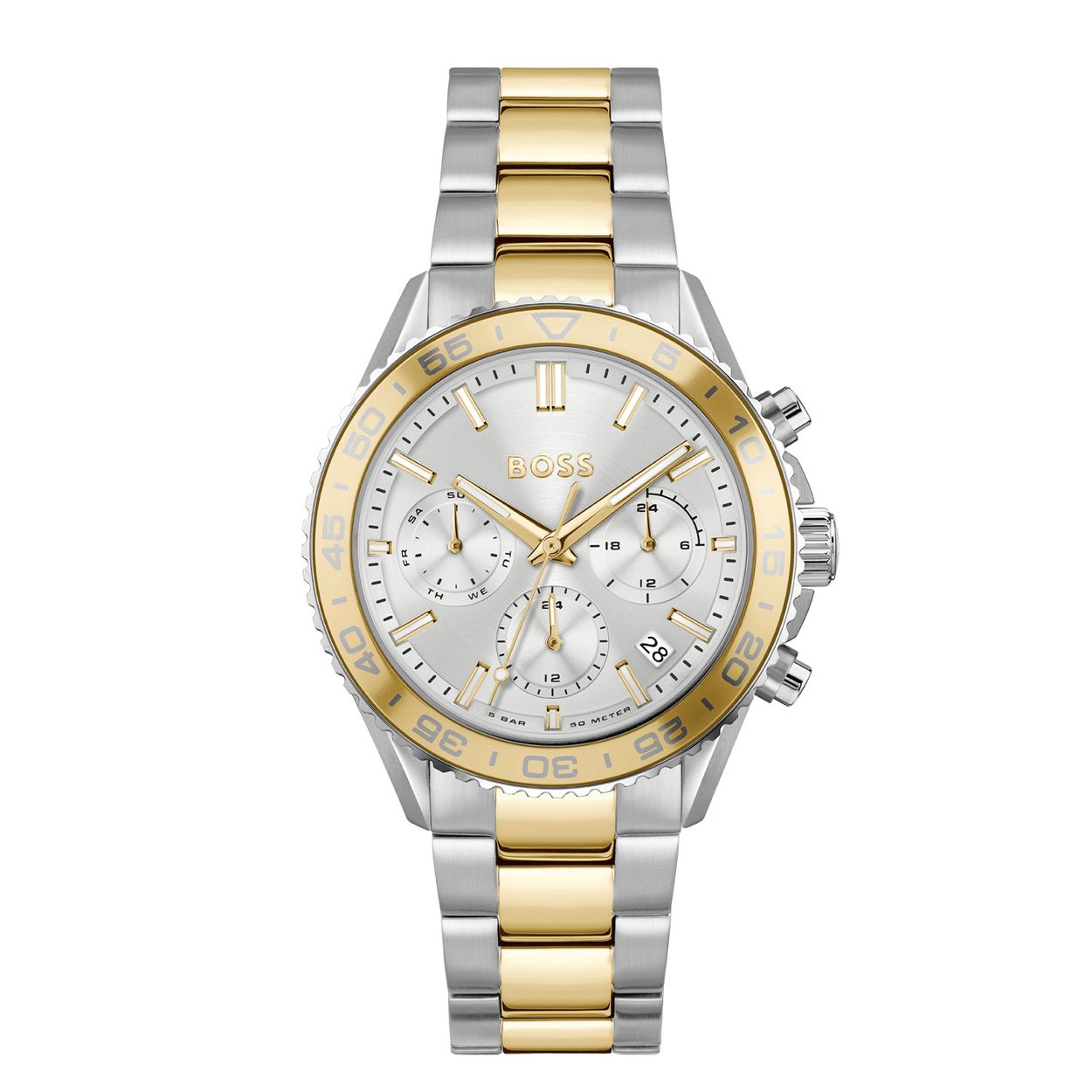 BOSS HB1502756 RUNNER FOR HER Dameshorloge 38mm 
Dit BOSS horloge uit de RUNNER FOR HER serie met artikelnr: HB1502756 heeft een nette sportieve uitstraling. Zeer geschikt voor de moderne stijlvolle vrouw van nu. Het stalen multifunctionele dameshorloge valt op door zijn stalen horlogekast met een goudkleurige bewerkte bezel en een zilverwitte sunray wijzerplaat. Opvallend is de lumibrite op de wijzers en streepjes. Aan de kast zit een bicolor schakelband met vouwsluiting. De kast van het horloge heeft een doorsnee van 38mm met mineraalglas en is 5ATM. 

HET MERK:
HUGO BOSS is afgestemd op levensstijlen waar het gaat om kwaliteit en precisie. Het wereldwijde fashionlabel is verdeeld in twee merken: BOSS en HUGO. Het merk BOSS biedt geavanceerde, moderne horloges gericht op kwaliteit en design om een onberispelijke look te creëren – of het nu zakelijk, casual of sportief is. De horloge collectie van BOSS is perfect afgestemd op levensstijlen waar het gaat om kwaliteit en precisie. BOSS is op maat gemaakt in een onberispelijke stijl.

Blijf stijlvol bij de tijd. Voor de BOSS-vrouw is stijl het handelsmerk en draait alles om
details. Breng uw look naar een hoger niveau met onze nieuwe en kenmerkende horlogecollectie.

SPECIFICATIES:
- Mineraalglas
- Ronde kastvorm, Ø 38mm
- Stalen horlogekast
- Zilverwitte wijzerplaat
- Bicolor schakelband