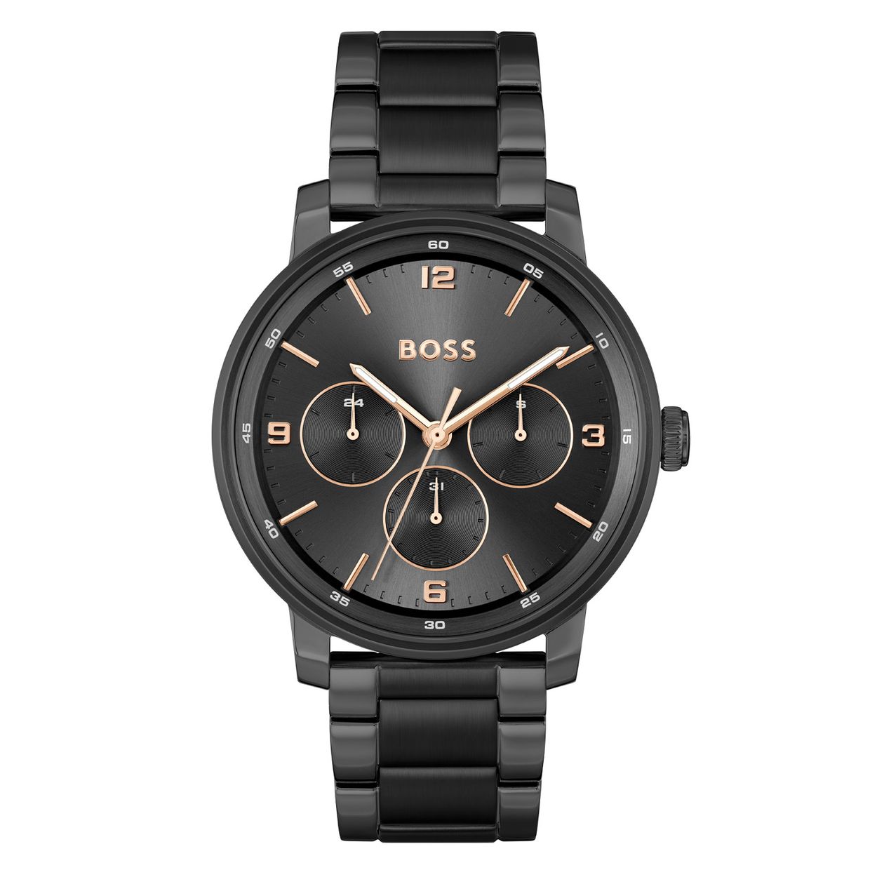 BOSS HB1514128 CONTENDER Herenhorloge 44mm 
Dit BOSS horloge uit de CONTENDER serie met artikelnr: HB1514128 heeft een stoere uitstraling. Zeer geschikt voor de moderne stijlvolle man van nu. Het herenhorloge valt op door zijn zwarte stalen horlogekast met een ronde bezel en een zwarte sunray wijzerplaat met een dag, datum en 24-uursaanduiding. Opvallend zijn de wijzers die met lumibrite zijn ingelegd. Aan de kast zit een zwarte stalen schakelband met vouwsluiting. De kast van het horloge heeft een doorsnee van 44mm met mineraalglas en is 5ATM. 

HET MERK:
HUGO BOSS is afgestemd op levensstijlen waar het gaat om kwaliteit en precisie. Het wereldwijde fashionlabel is verdeeld in twee merken: BOSS en HUGO. Het merk BOSS biedt geavanceerde, moderne horloges gericht op kwaliteit en design om een onberispelijke look te creëren – of het nu zakelijk, casual of sportief is. De horloge collectie van BOSS is perfect afgestemd op levensstijlen waar het gaat om kwaliteit en precisie. BOSS is op maat gemaakt in een onberispelijke stijl.

Blijf stijlvol bij de tijd. Voor de BOSS-vrouw is stijl het handelsmerk en draait alles om
details. Breng uw look naar een hoger niveau met onze nieuwe en kenmerkende horlogecollectie.

SPECIFICATIES:
- Mineraalglas
- Ronde kastvorm, Ø 44mm
- Stalen horlogekast
- Zwarte wijzerplaat
- Zwarte schakelband