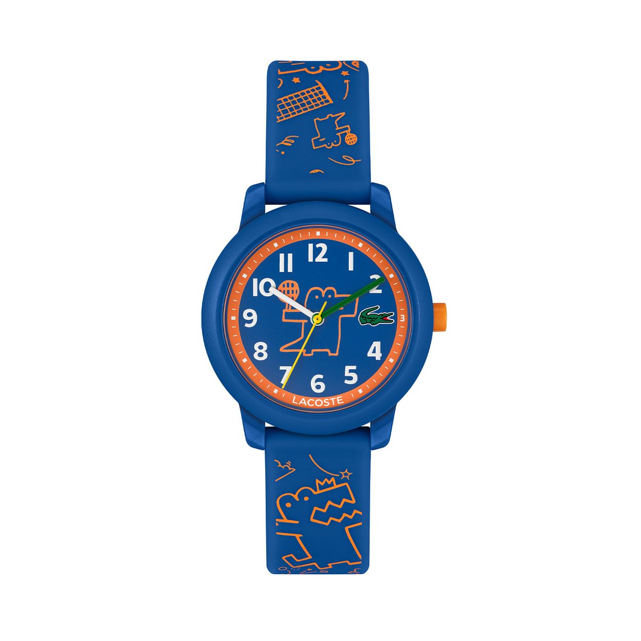 Lacoste LC2030056 Kids 32mm
Dit kinderhorloge uit de Lacoste LACOSTE.12.12 KIDS serie met artikelnr. LC2030056 is een sportief en kleurrijk horloge om de tijd op te leren. Het blauwe kunststof kastje heeft een blauwe wijzerplaat met duidelijke witte cijfers, kleurrijke accenten, een mineraalglas, is 32mm en 5ATM. Getekende oranje krokodillen op de wijzerplaat en op de blauwe siliconen band maken het heel speels.

HET MERK:
Lacoste, het verhaal van een iconisch merk. De oprichter en Franse tennislegende RenÃ© Lacoste wiens bijnaam âde krokodilâ was, maakte indruk met zijn liefde voor het spel en zijn passie voor innovatie. De elegante en sportieve uitstraling is duidelijk terug te zien in de horlogecollectie van Lacoste. Op sport geÃ¯nspireerde elegantie: De Lacoste stijl.

SPECIFICATIES:
- Mineraalglas
- Ronde kastvorm, Ã 32mm
- Blauwe kunststof horlogekast
- Blauwe wijzerplaat
- Blauwe siliconen band
- 5ATM