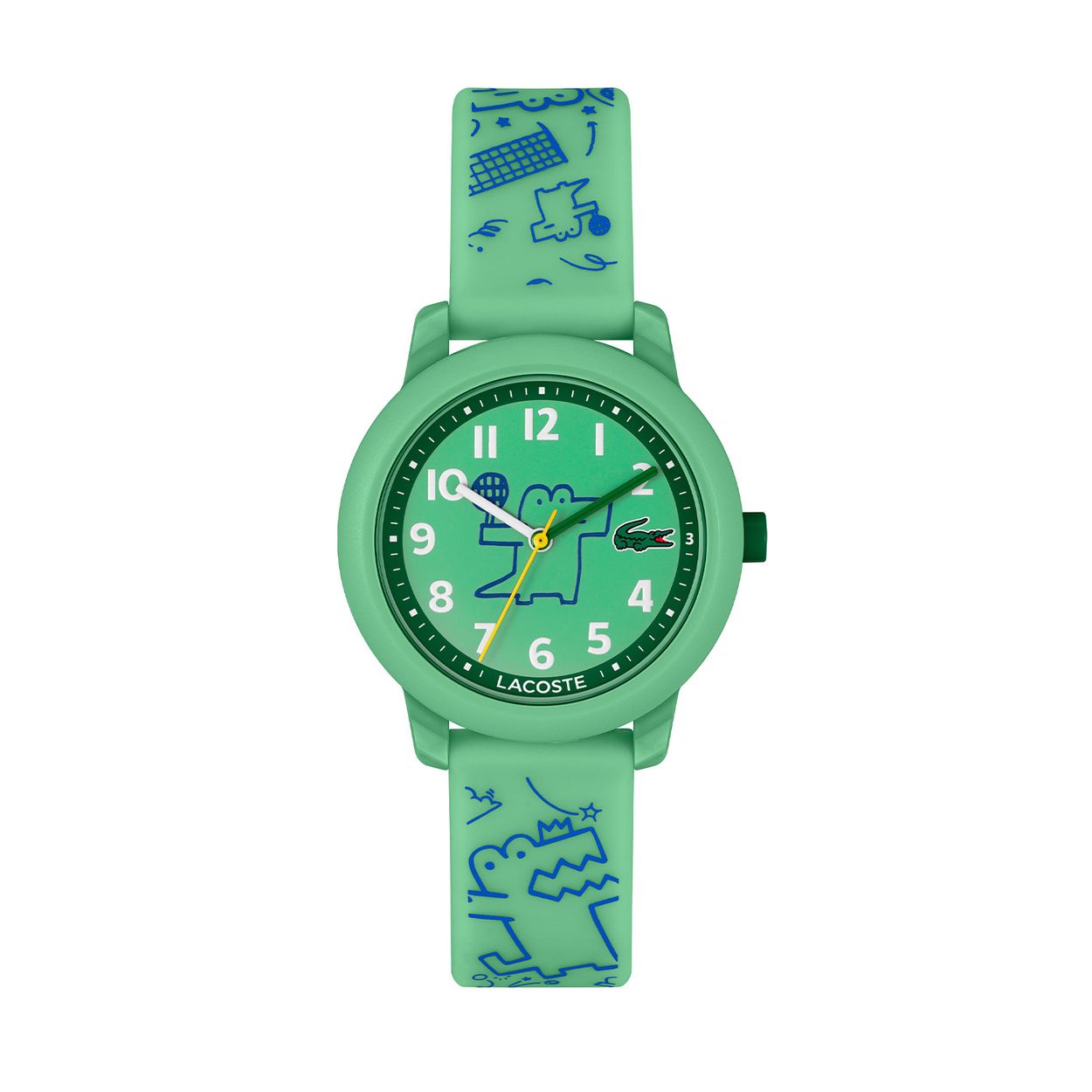 Lacoste LC2030057 Kids 32mm
Dit kinderhorloge uit de Lacoste LACOSTE.12.12 KIDS serie met artikelnr. LC2030057 is een sportief en kleurrijk horloge om de tijd op te leren. Het groene kunststof kastje heeft een groene wijzerplaat met duidelijke witte cijfers, kleurrijke accenten, een mineraalglas, is 32mm en 5ATM. Getekende blauwe krokodillen op de wijzerplaat en op de groene siliconen band maken het heel speels.

HET MERK:
Lacoste, het verhaal van een iconisch merk. De oprichter en Franse tennislegende RenÃ© Lacoste wiens bijnaam âde krokodilâ was, maakte indruk met zijn liefde voor het spel en zijn passie voor innovatie. De elegante en sportieve uitstraling is duidelijk terug te zien in de horlogecollectie van Lacoste. Op sport geÃ¯nspireerde elegantie: De Lacoste stijl.

SPECIFICATIES:
- Mineraalglas
- Ronde kastvorm, Ã 32mm
- Groene kunststof horlogekast
- Groene wijzerplaat
- Groene siliconen band
- 5ATM