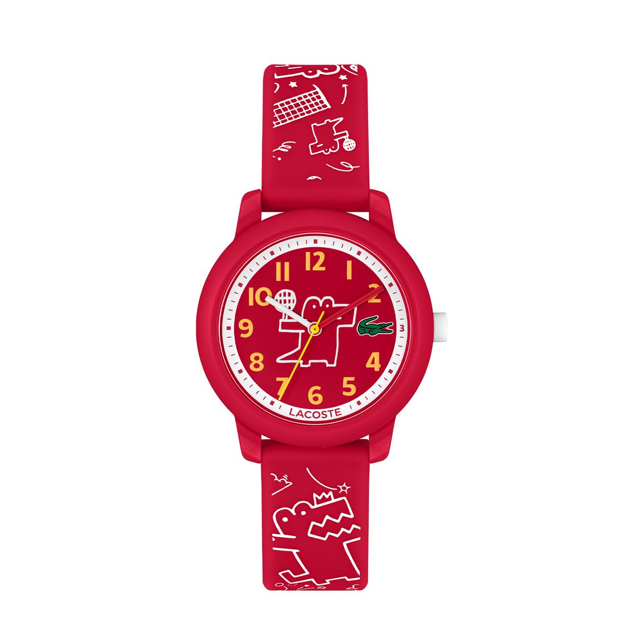 Lacoste LC2030059 Kids 32mm
Dit kinderhorloge uit de Lacoste LACOSTE.12.12 KIDS serie met artikelnr. LC2030059 is een sportief en kleurrijk horloge om de tijd op te leren. Het rode kunststof kastje heeft een rode wijzerplaat met duidelijke witte cijfers, kleurrijke accenten, een mineraalglas, is 32mm en 5ATM. Getekende witte krokodillen op de wijzerplaat en op de rode siliconen band maken het heel speels.

HET MERK:
Lacoste, het verhaal van een iconisch merk. De oprichter en Franse tennislegende RenÃ© Lacoste wiens bijnaam âde krokodilâ was, maakte indruk met zijn liefde voor het spel en zijn passie voor innovatie. De elegante en sportieve uitstraling is duidelijk terug te zien in de horlogecollectie van Lacoste. Op sport geÃ¯nspireerde elegantie: De Lacoste stijl.

SPECIFICATIES:
- Mineraalglas
- Ronde kastvorm, Ã 32mm
- Rode kunststof horlogekast
- Rode wijzerplaat
- Rode siliconen band
- 5ATM