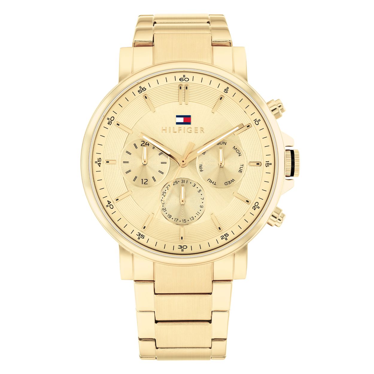 Tommy Hilfiger TH1710611 Horloge Heren Staal Goudkleurig 43mm
Dit specifieke horloge van Tommy Hilfiger uit de Tyson serie met artikelnr: TH1710611 is een luxe sportief herenhorloge die niet in je collectie mag ontbreken. Het stalen herenhorloge heeft een ronde goudkleurige kast met een gladde bezel en een goudkleurige wijzerplaat met dag,- datum, en 24-uursaanduiding. Aan het horloge zit een stalen mat glimmende goudkleurige schakelband met een vouwsluiting. Het horloge heeft een mineraalglas, een doorsnee van 43mm en is 5ATM.  

Het merk:
Sinds de lancering van het merk in 1985 is Tommy Hilfiger wereldwijd bekend geworden als pionier van de klassieke Amerikaanse coole stijl. Geïnspireerd door de iconische popcultuur en het Amerikaanse erfgoed. De dames en herencollectie van dit seizoen bestaan uit minimalistische silhouetten en rustieke lederen details. De herenhorlogecollectie biedt iconische uurwerken met roestvrijstalen, lederen en siliconen banden.

Specificaties:
- Mineraalglas
- Ronde kast 43mm
- Goudkleurige horlogekast
- Goudkleurige wijzerplaat 
- Goudkleurige schakelband 
- 5ATM