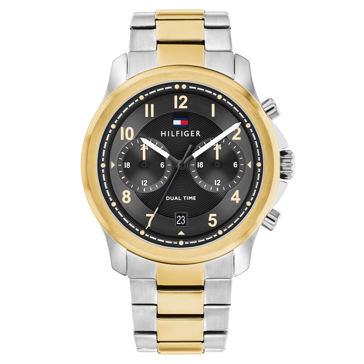 Tommy Hilfiger TH1710627 Horloge Heren Staal Bilolor 42mm
Dit specifieke horloge van Tommy Hilfiger uit de Wesley serie met artikelnr: TH1710627 is een luxe sportief herenhorloge die niet in je collectie mag ontbreken. Het stalen herenhorloge heeft een ronde kast met een gladde goudkleurige bezel en een zwarte wijzerplaat met datum en dual time. De datum bevind zich op de 6. Aan het horloge zit een stalen bicolor schakelband met een vouwsluiting. Het horloge heeft een verhoogd mineraalglas, een doorsnee van 42mm en is 5ATM.  

Het merk:
Sinds de lancering van het merk in 1985 is Tommy Hilfiger wereldwijd bekend geworden als pionier van de klassieke Amerikaanse coole stijl. Geïnspireerd door de iconische popcultuur en het Amerikaanse erfgoed. De dames en herencollectie van dit seizoen bestaan uit minimalistische silhouetten en rustieke lederen details. De herenhorlogecollectie biedt iconische uurwerken met roestvrijstalen, lederen en siliconen banden.

Specificaties:
- Mineraalglas
- Ronde kast 42mm
- Zilverkleurige horlogekast
- Zwarte wijzerplaat 
- Bicolor schakelband 
- 5ATM