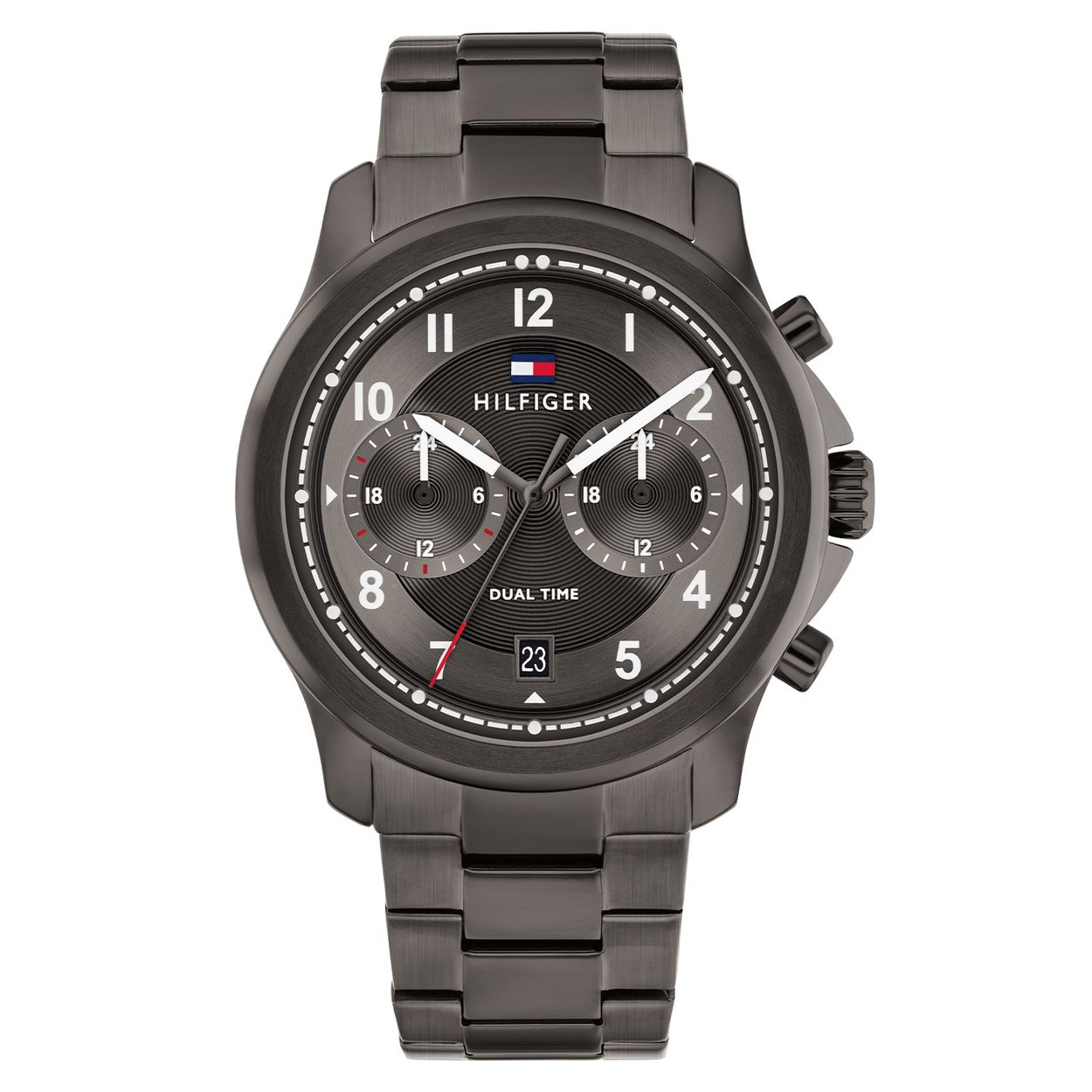 
Dit specifieke horloge van Tommy Hilfiger uit de Wesley serie met artikelnr: TH1710628 is een luxe sportief herenhorloge die niet in je collectie mag ontbreken. Het gunmetal stalen herenhorloge heeft een ronde kast met een gladde bezel en een grijze wijzerplaat met datum en dual time. De datum bevind zich op de 6. Aan het horloge zit een stalen gunmetal schakelband met een vouwsluiting. Het horloge heeft een verhoogd mineraalglas, een doorsnee van 42mm en is 5ATM waterdicht
